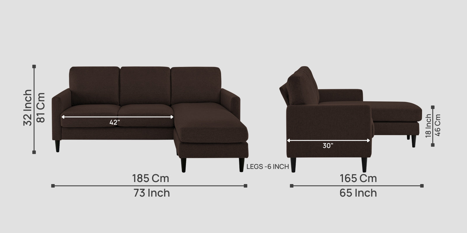 Romie Fabric LHS Sectional Sofa (2+Lounger) In Coffee Brown Colour - Febonic Living