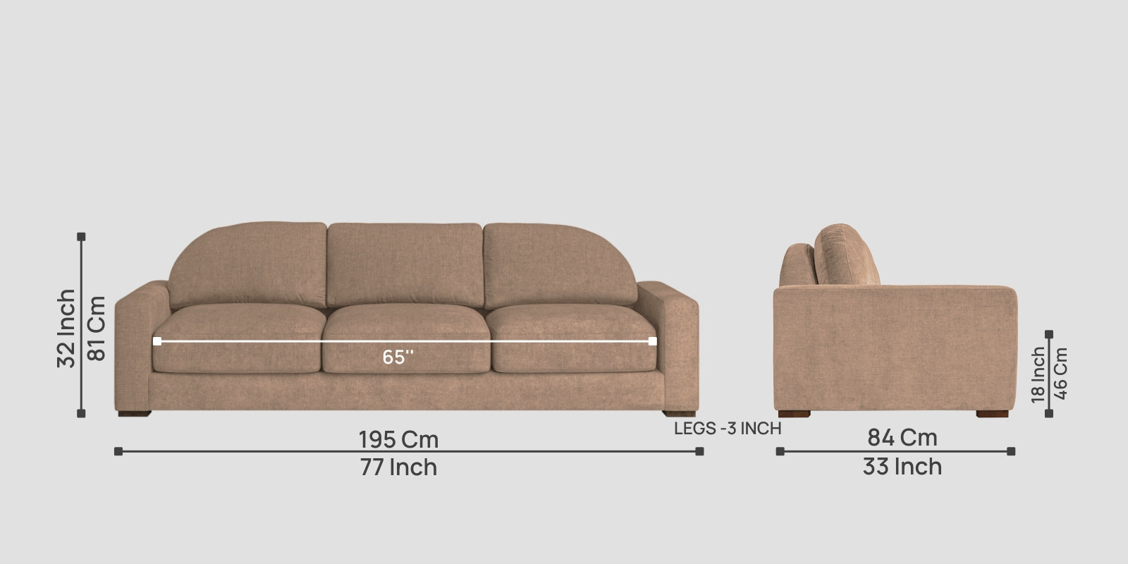 Dara Fabric 3 Seater Sofa In Cookie Beige Colour