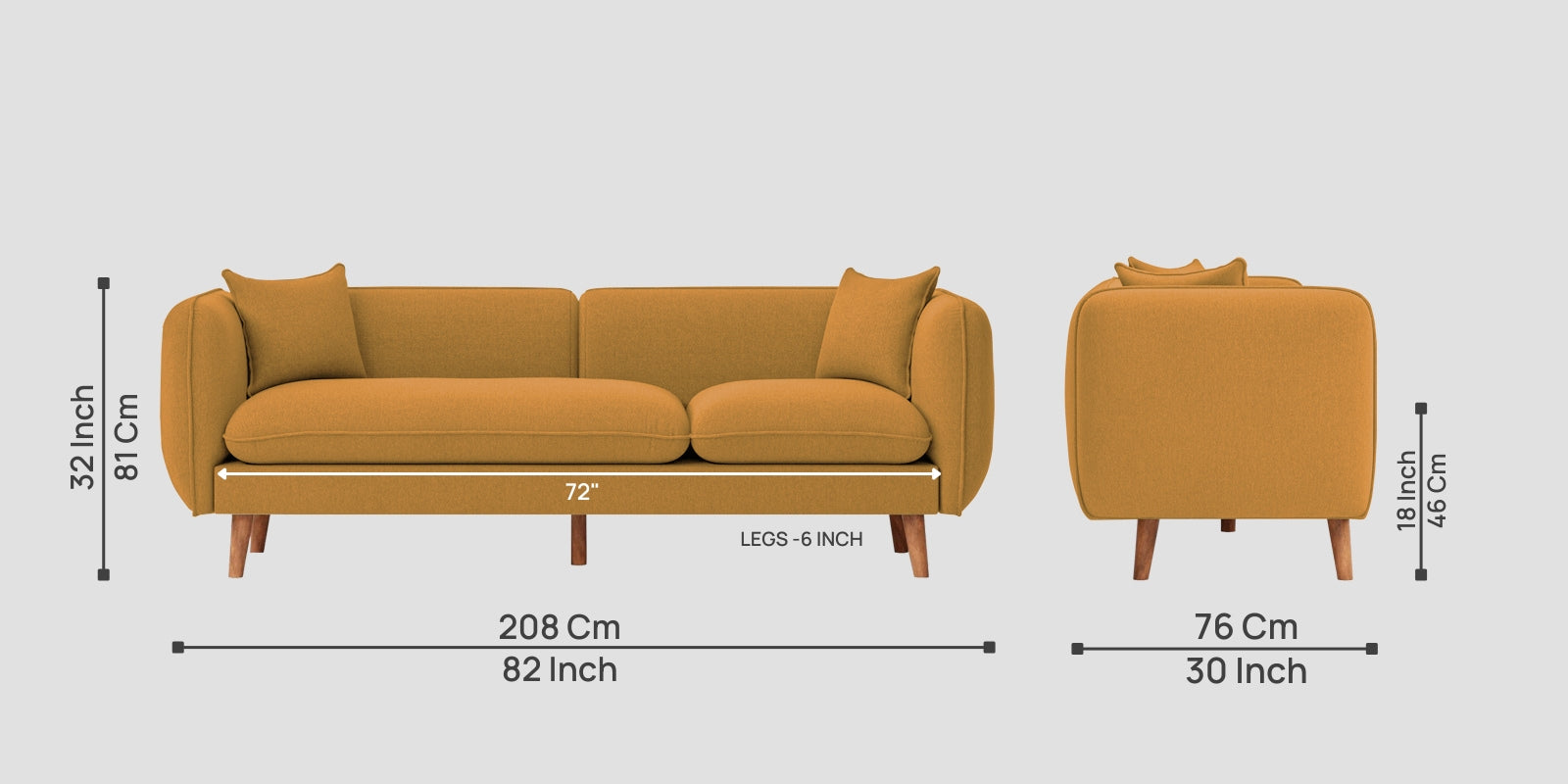Reva Fabric 3 Seater Sofa In Corn Yellow Colour