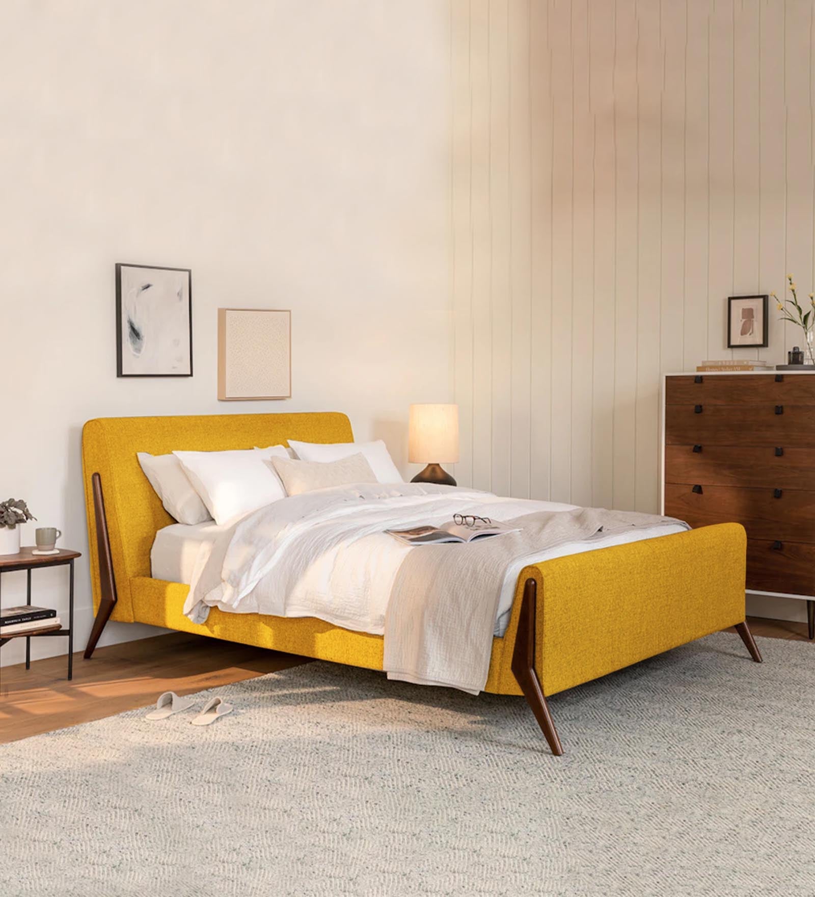 Catla Fabric Queen Size Bed In Bold Yellow Colour - Febonic Living