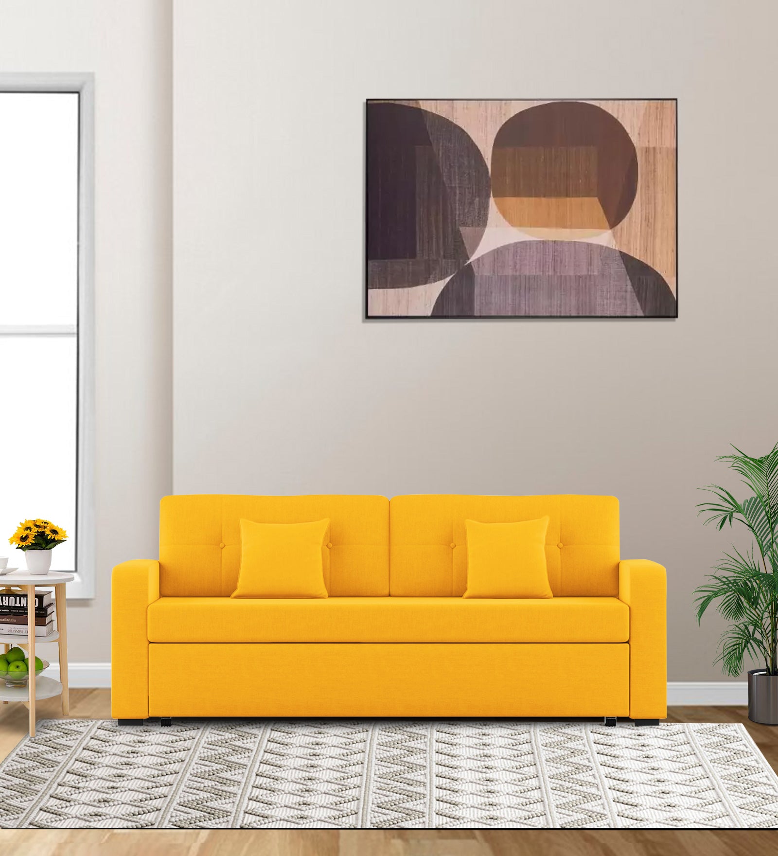Rocky Fabric 3 Seater Pull Out Sofa Cum Bed In Bold Yellow Colour With Storage - Febonic Living