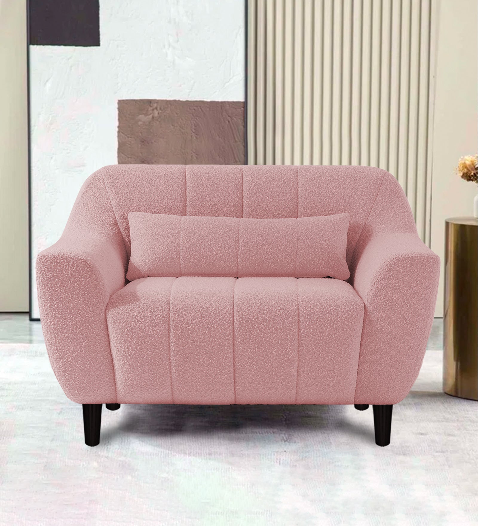 Nesco Boucle Fabric 1 Seater Sofa in Basi Pinc Colour