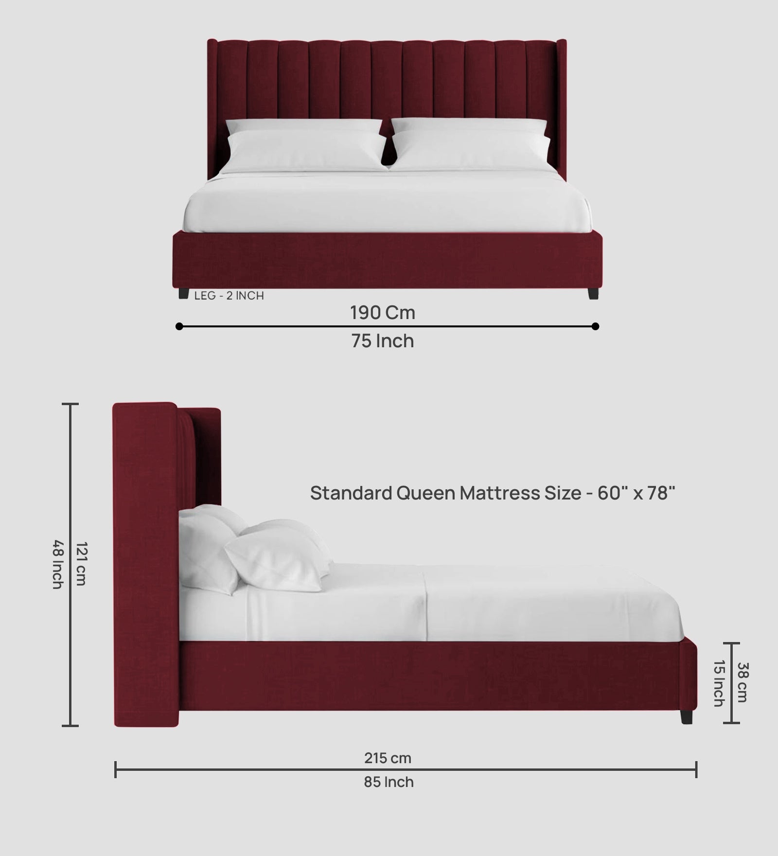 Colina Fabric Queen Size Bed In Blood Maroon Colour With Box Storage - Febonic Living