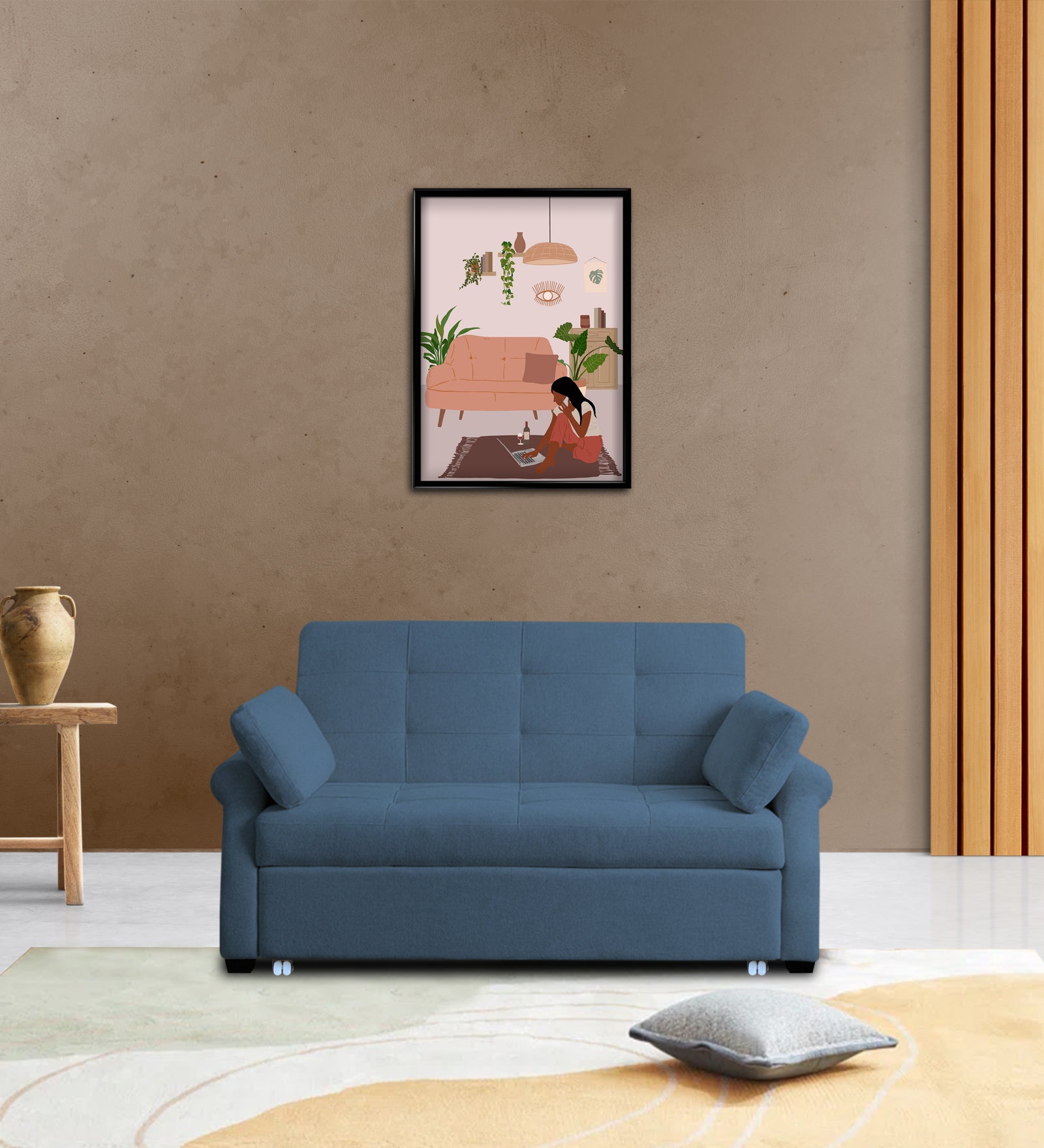 Fornia Fabric 3 Seater Pull Out Sofa Cum Bed In Light Blue Colour - Febonic Living