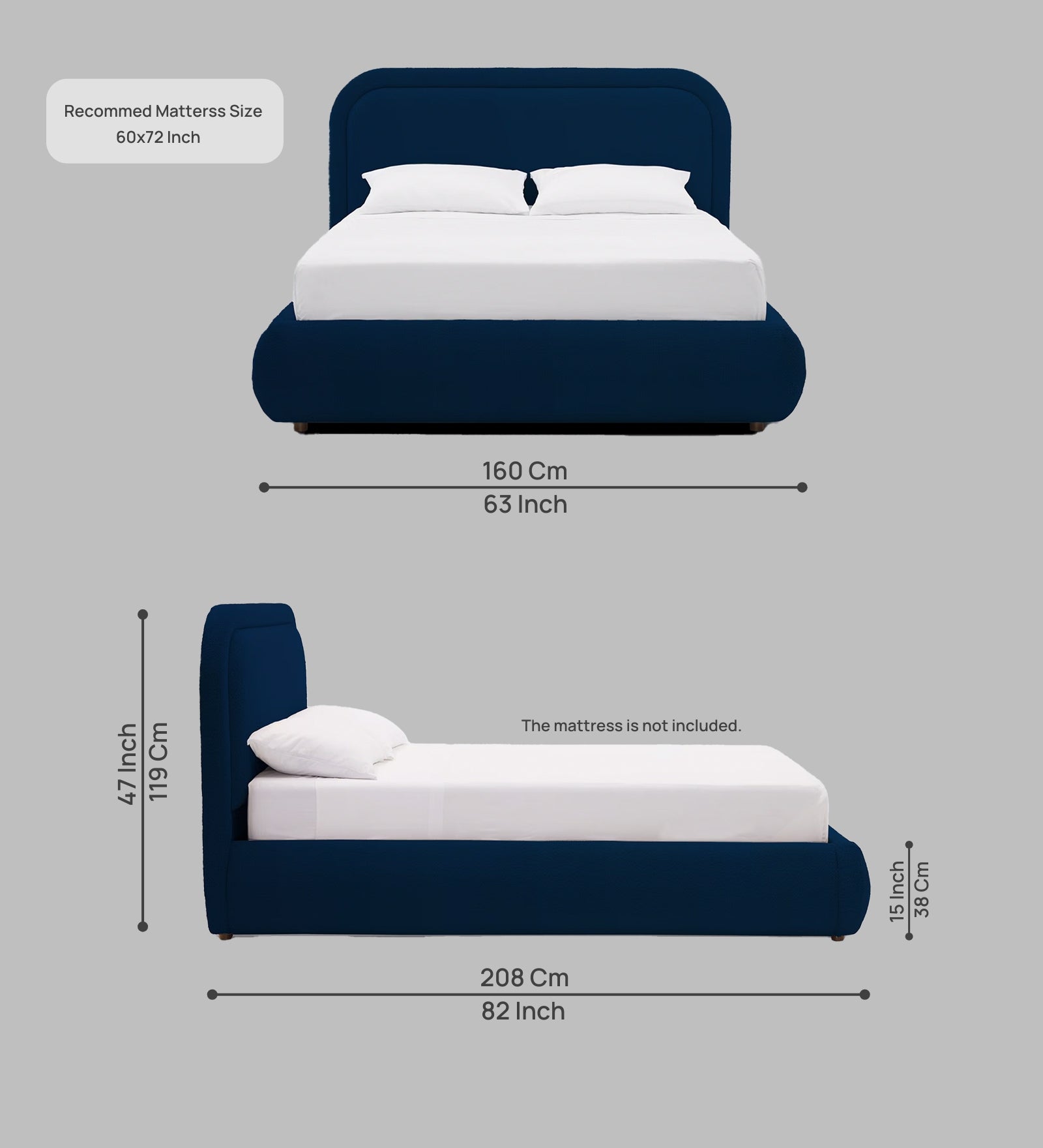 Nemo Boucle Fabric Queen Size Bed in Classic Blue Colour - Febonic Living