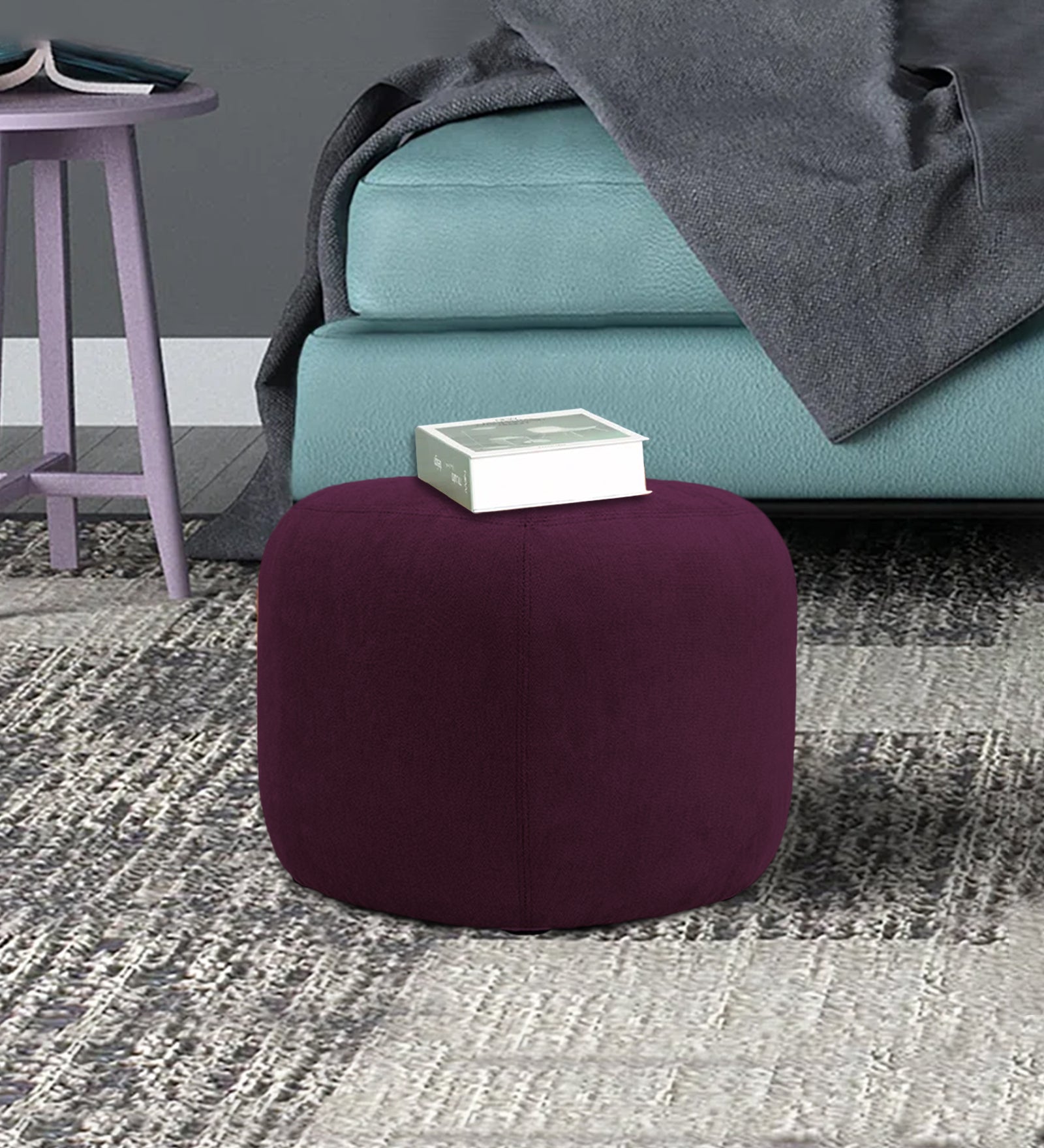 Keori Fabric Pouffe In Greek Purple Colour - Febonic Living
