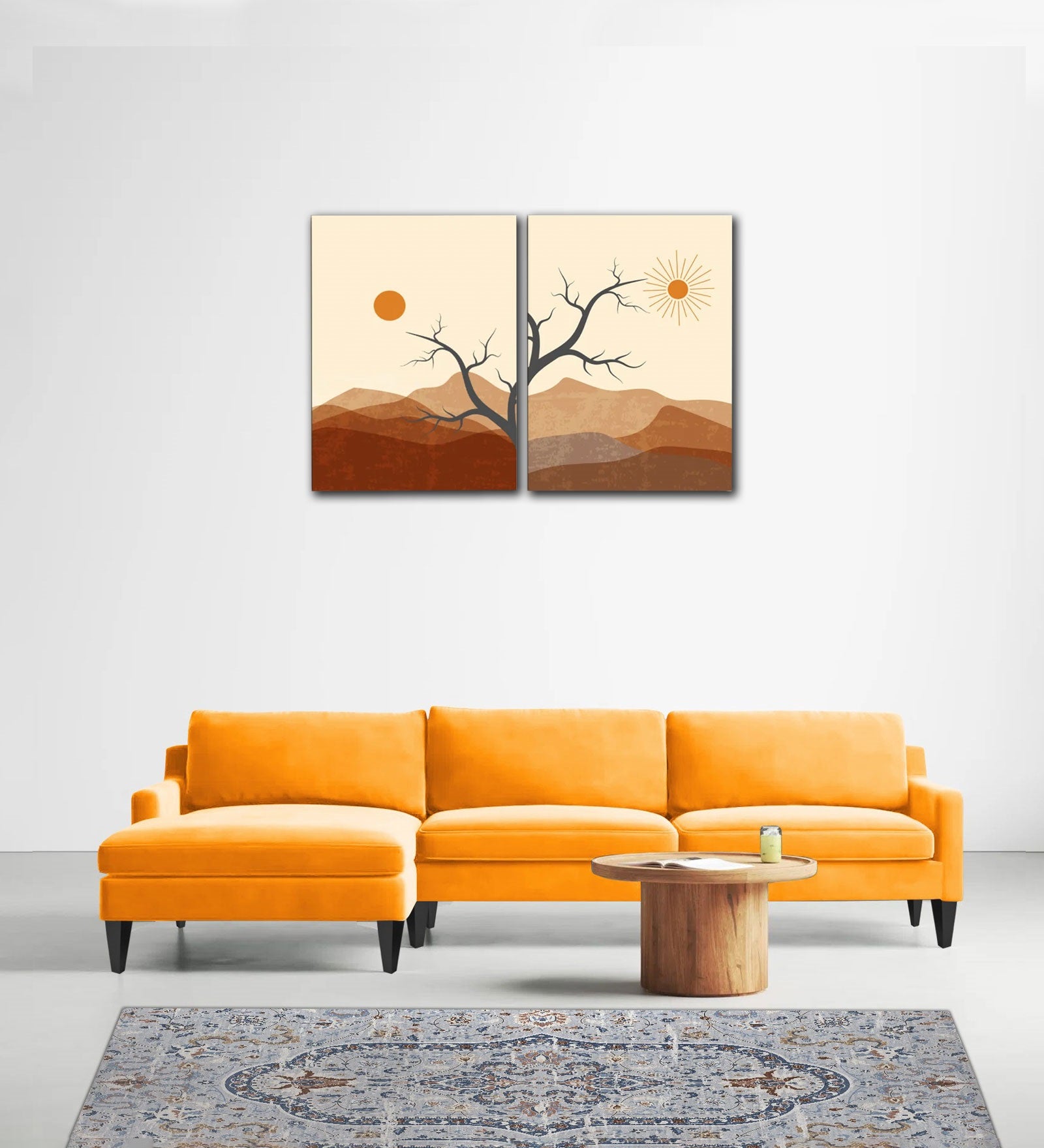 Jones Velvet RHS Sectional Sofa (3+Lounger) In Saffron yellow Colour - Febonic Living