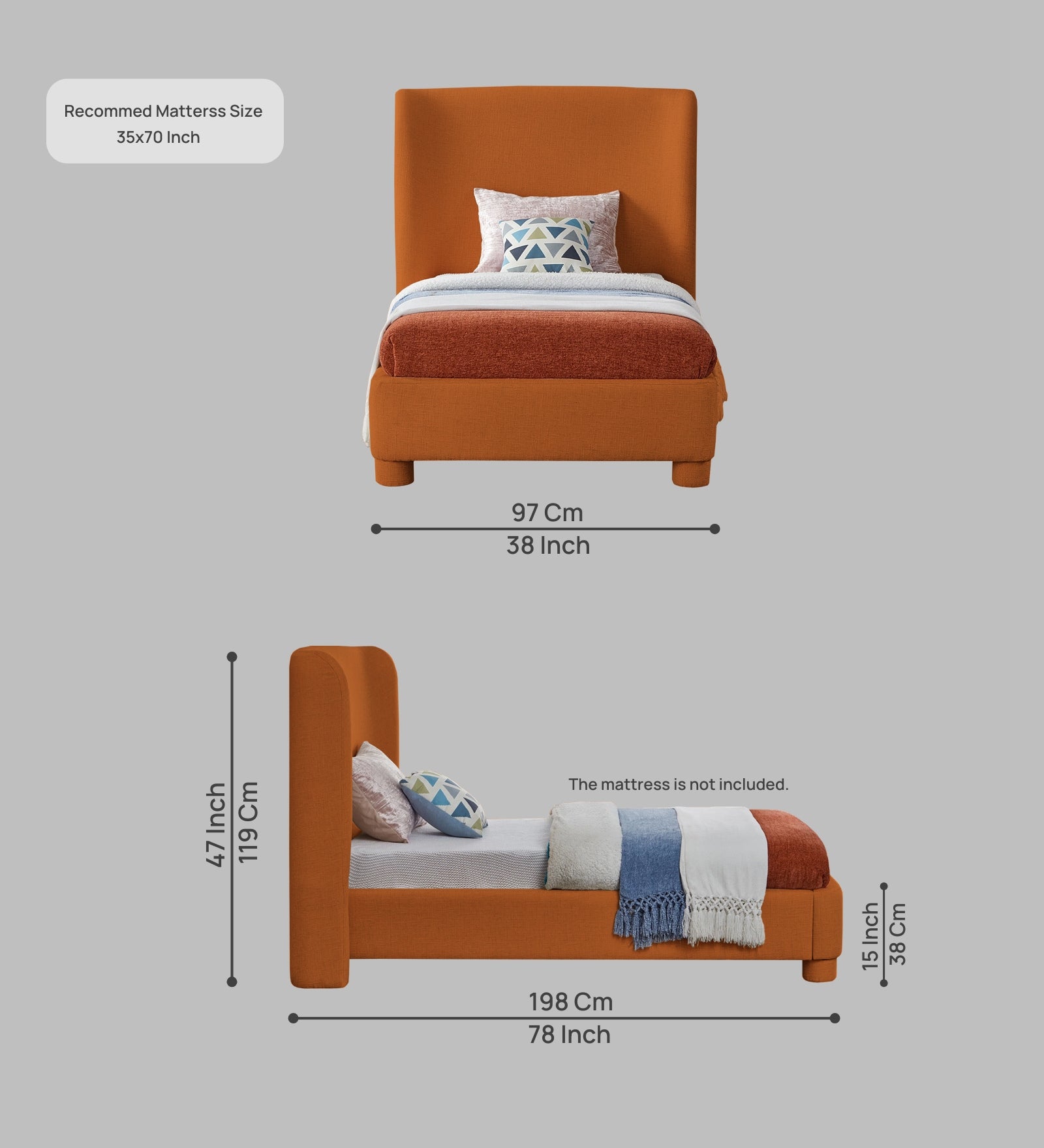 Lenny Fabric Upholstered Single Bed in Vivid Orange Colour - Febonic Living