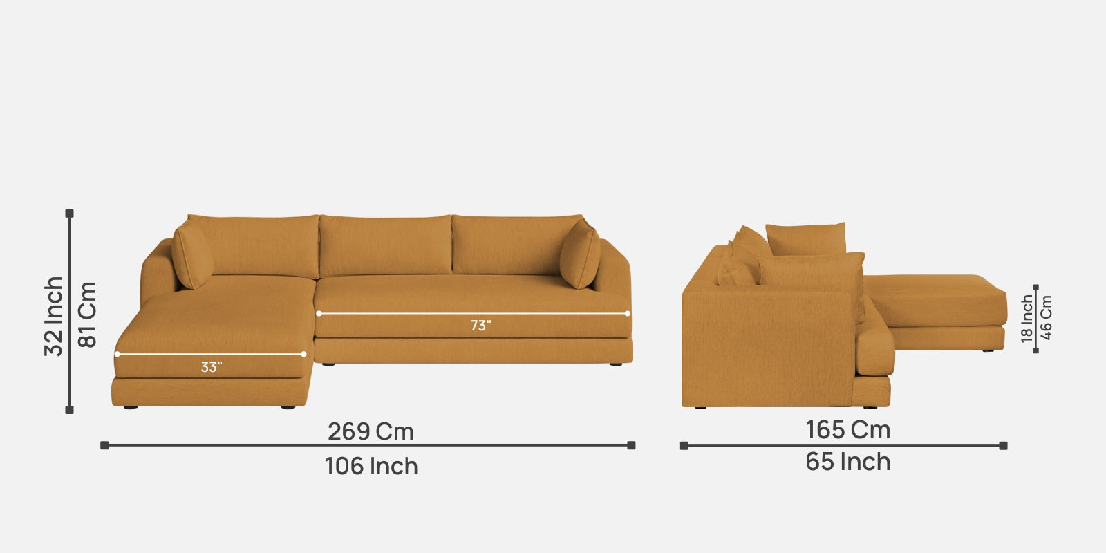 Ziggy Fabric RHS Sectional Sofa (3+Lounger) In Corn Yellow Colour - Febonic Living