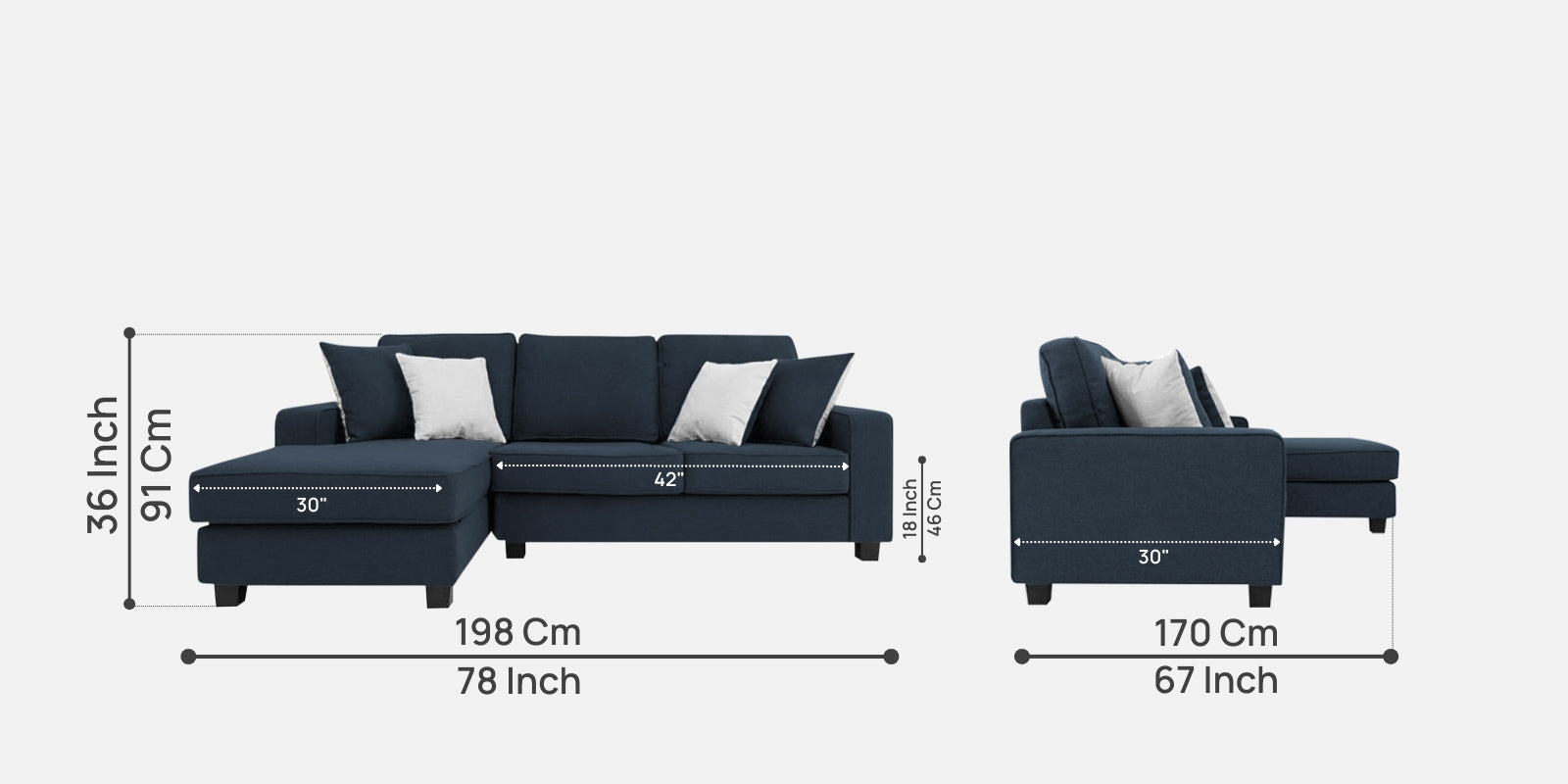 Ladybug Fabric RHS Sectional Sofa (2+Lounger) In Denim Blue Colour - Febonic Living