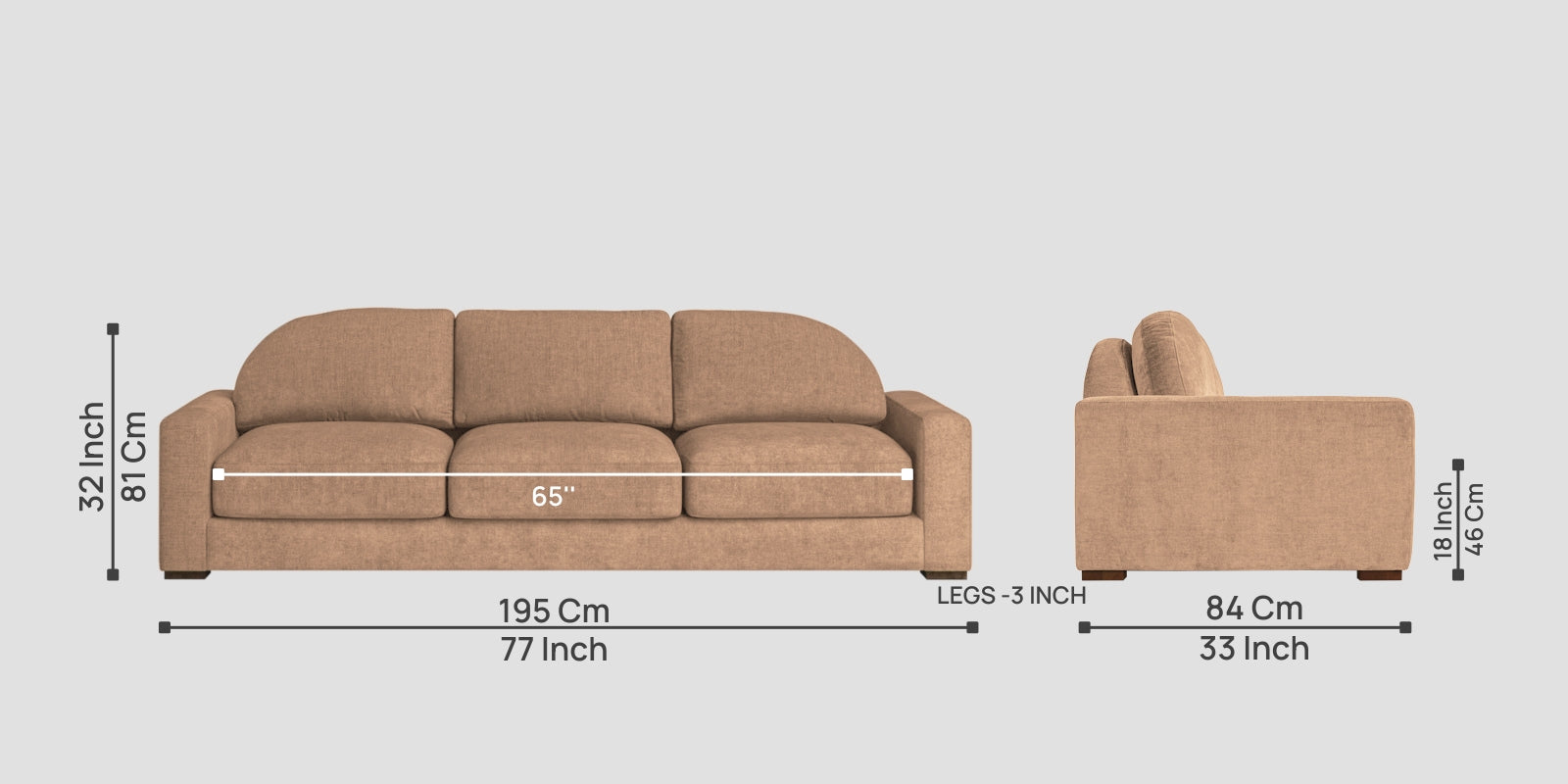 Dara Fabric 3 Seater Sofa In Cosmic Beige Colour