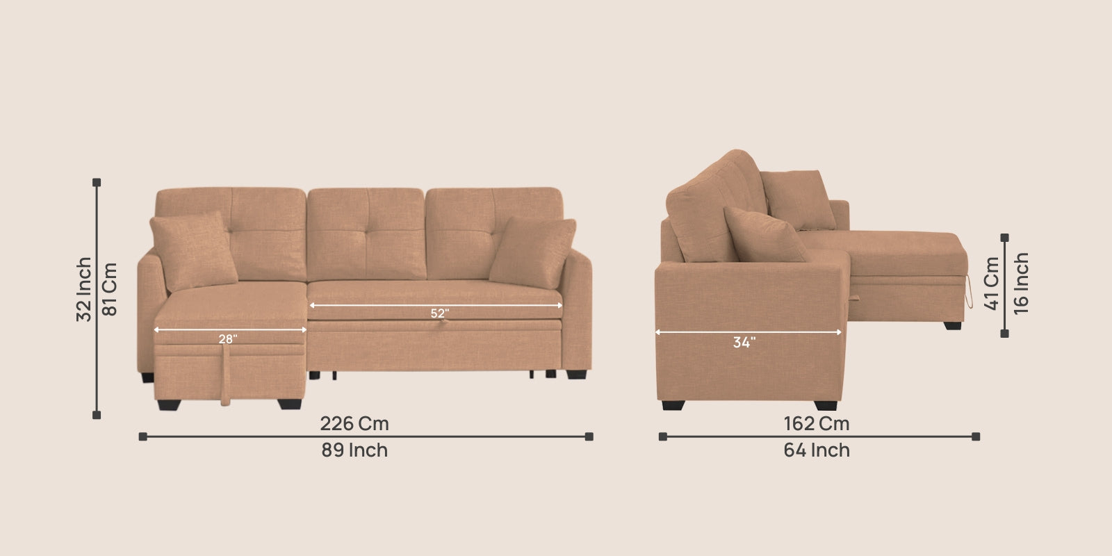 Jody Fabric 3 Seater Pull Out Sofa Cum Bed In Cosmic Beige Colour With Storage - Febonic Living