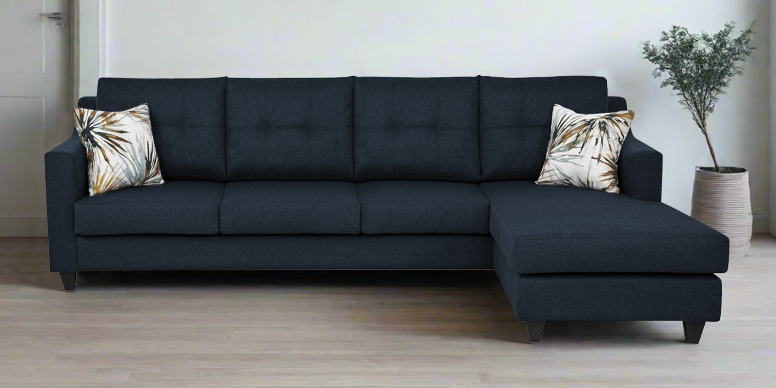 Welly Fabric LHS Sectional Sofa (3+Lounger) In Denim Blue Colour - Febonic Living