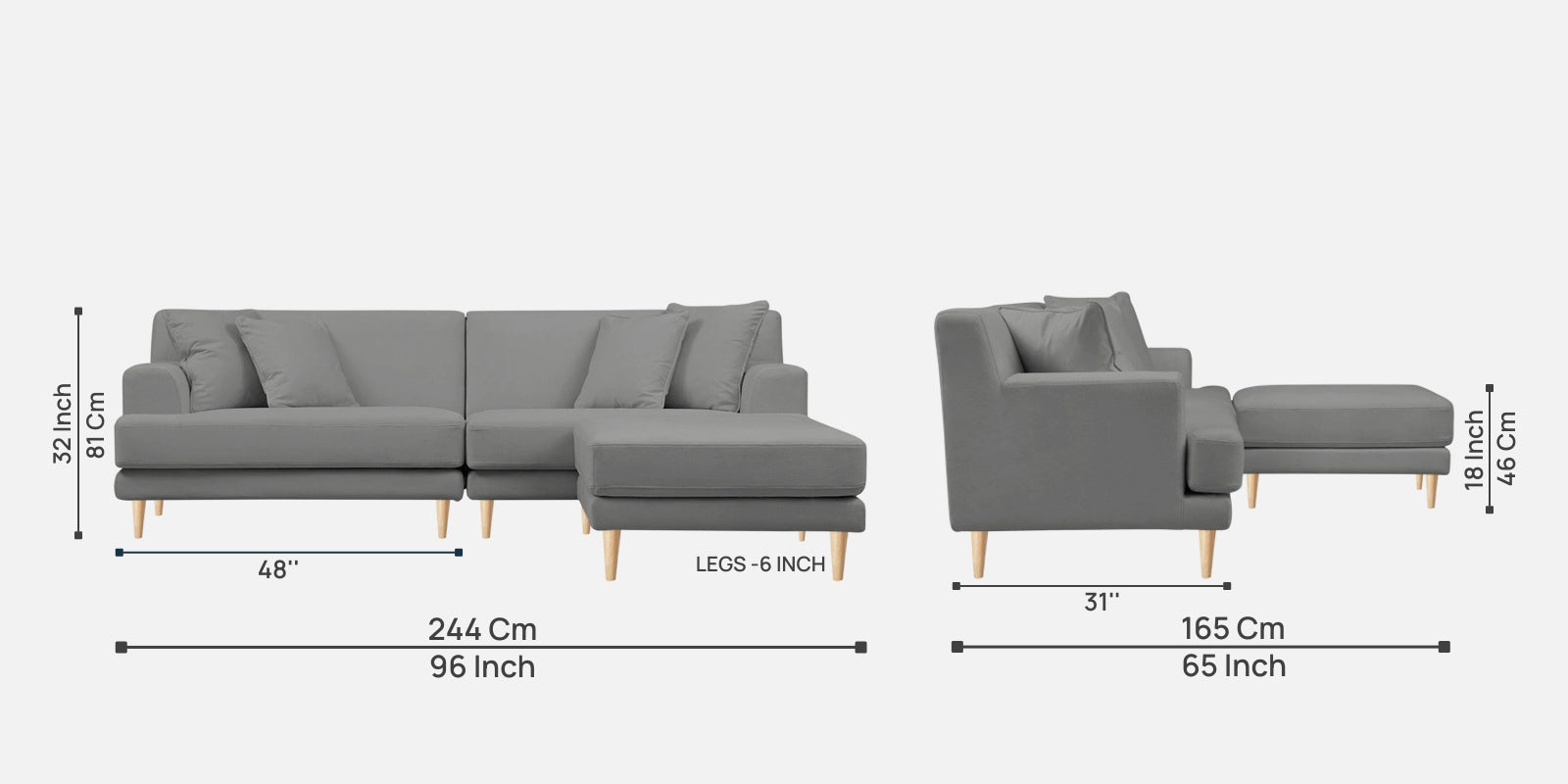 Woody Fabric LHS Sectional Sofa (3+Lounger) In Smoke Grey Colour - Febonic Living