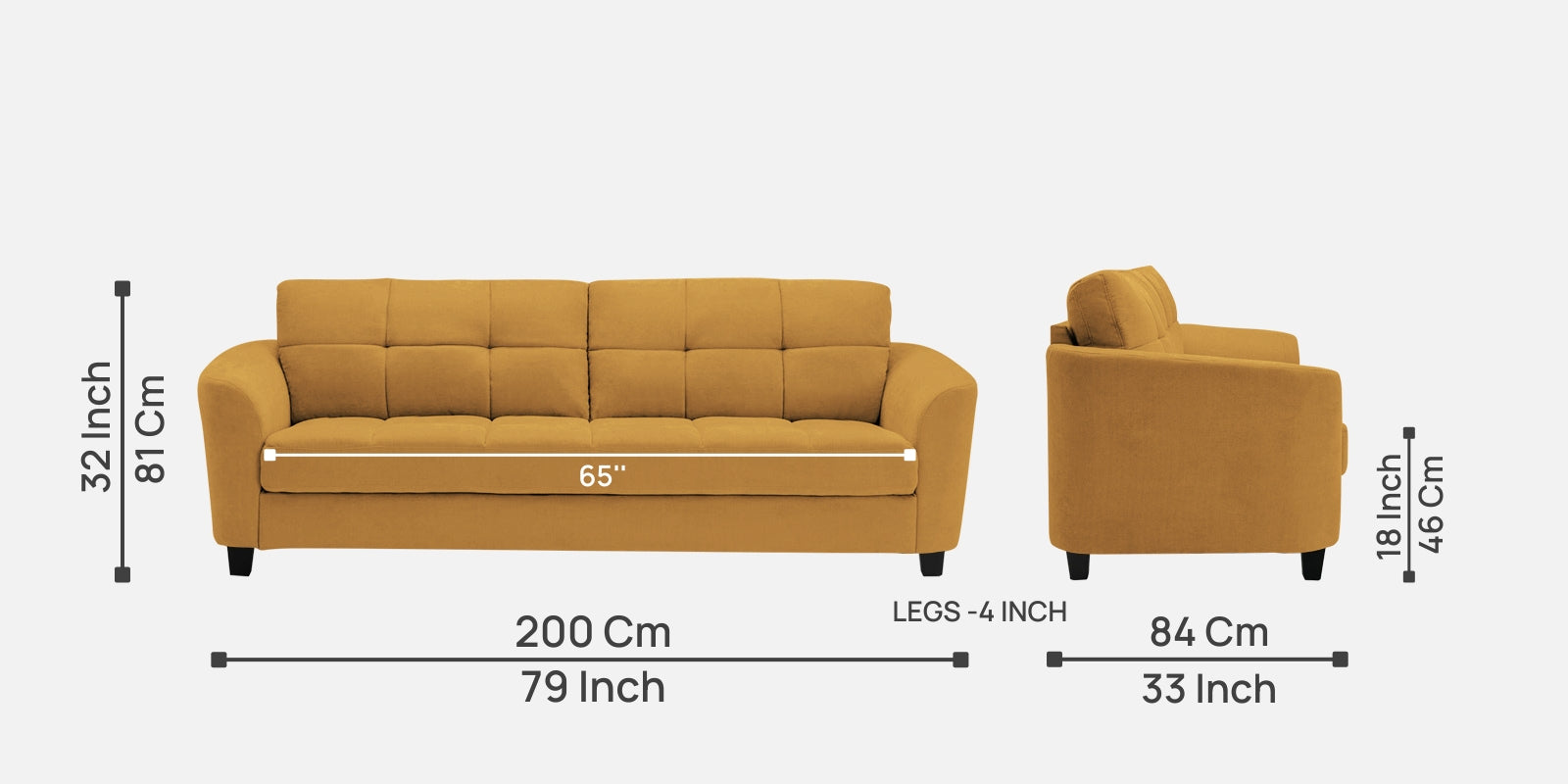 Mulan Fabric 3 Seater Sofa In Corn Yellow Colour - Febonic Living