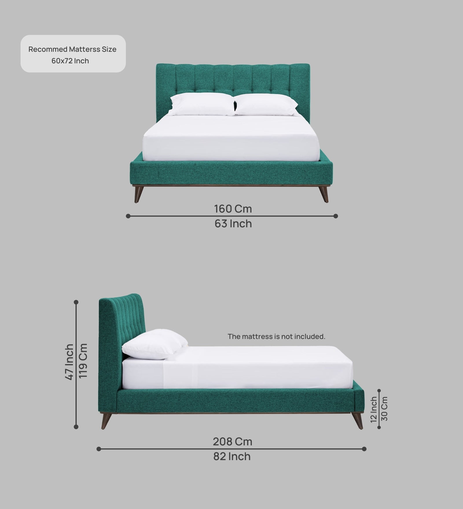 Jasmin Fabric Upholstered Queen Bed in Sea Green Colour