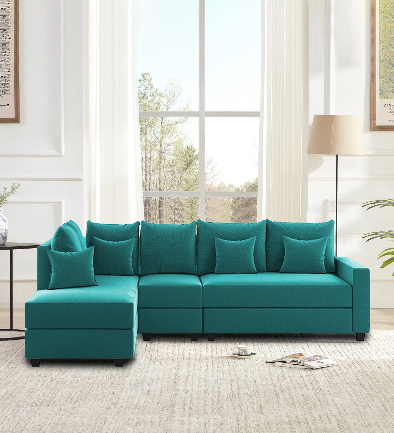 Ginny Fabric RHS Sectional Sofa (3+Lounger) In Sea Green Colour - Febonic Living