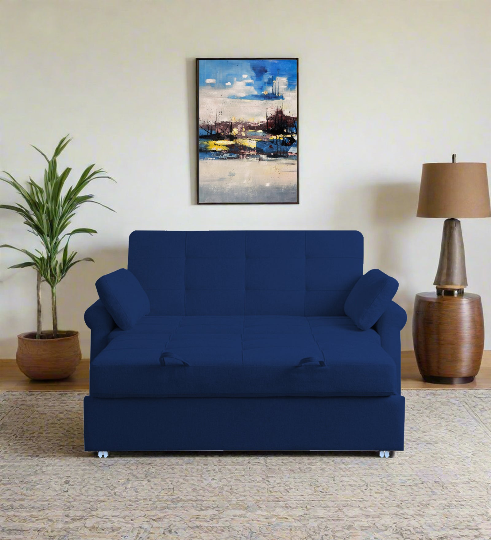 Fornia Fabric 2 Seater Pull Out Sofa Cum Bed In Royal Blue Colour - Febonic Living