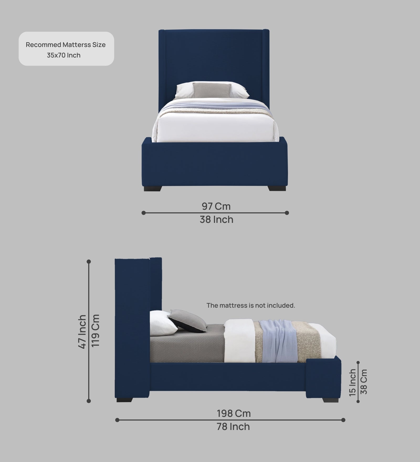 Kirby Fabric Upholstered Single Bed in Royal Blue Colour - Febonic Living