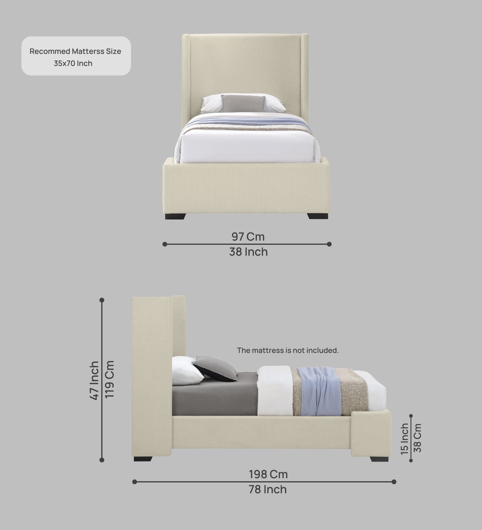 Kirby Fabric Upholstered Single Bed in Ivory Cream Colour - Febonic Living