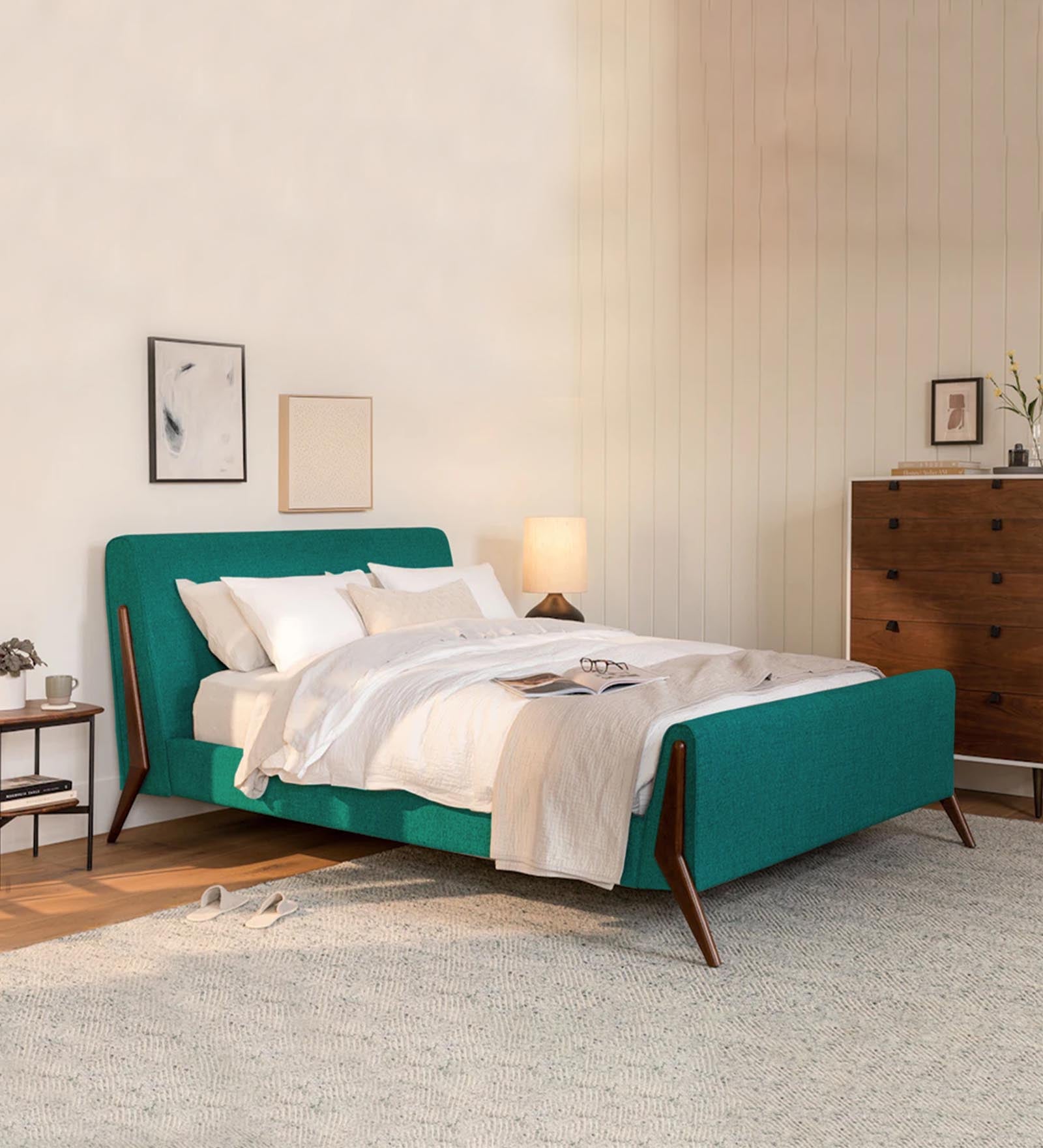 Catla Fabric Queen Size Bed In Sea Green Colour - Febonic Living