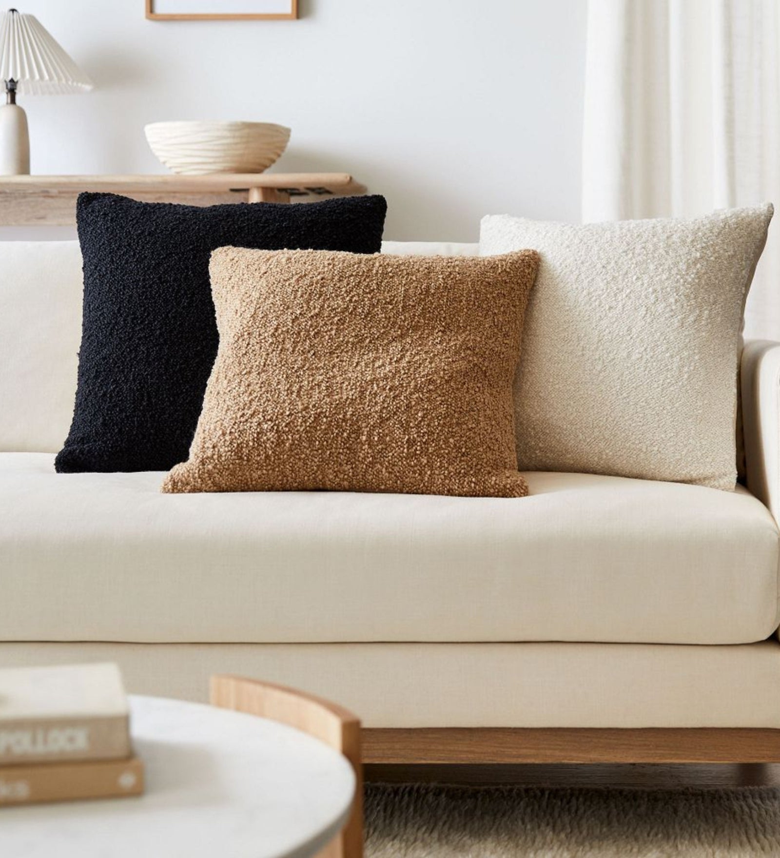 Cosy Boucle Fabric (16x 16in) Sofa Pillows In Caro Beige Colour (Pack of 2) - Febonic Living