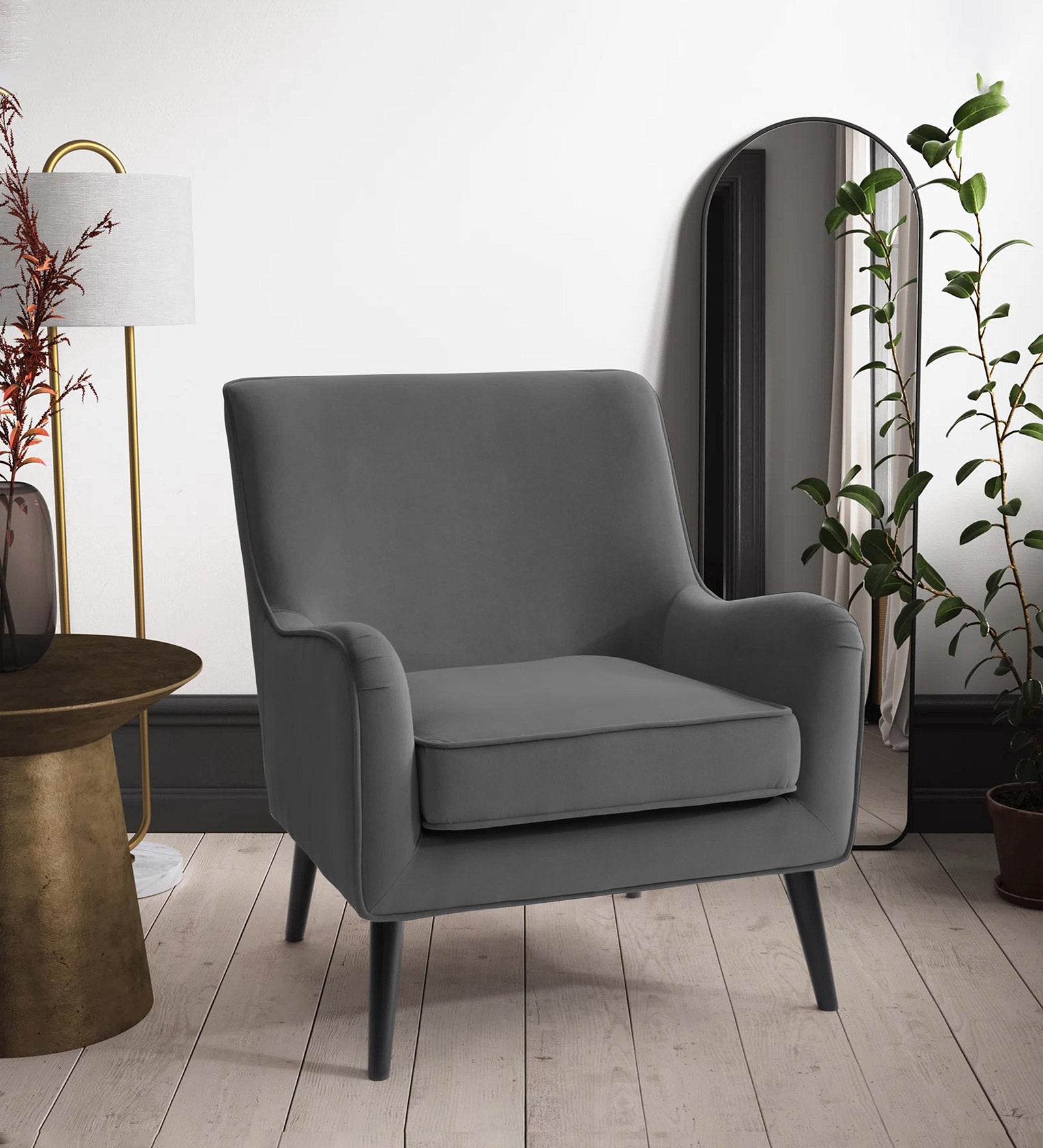 Ame Velvet Upholstered Arm Chair In Davy grey Colour - Febonic Living