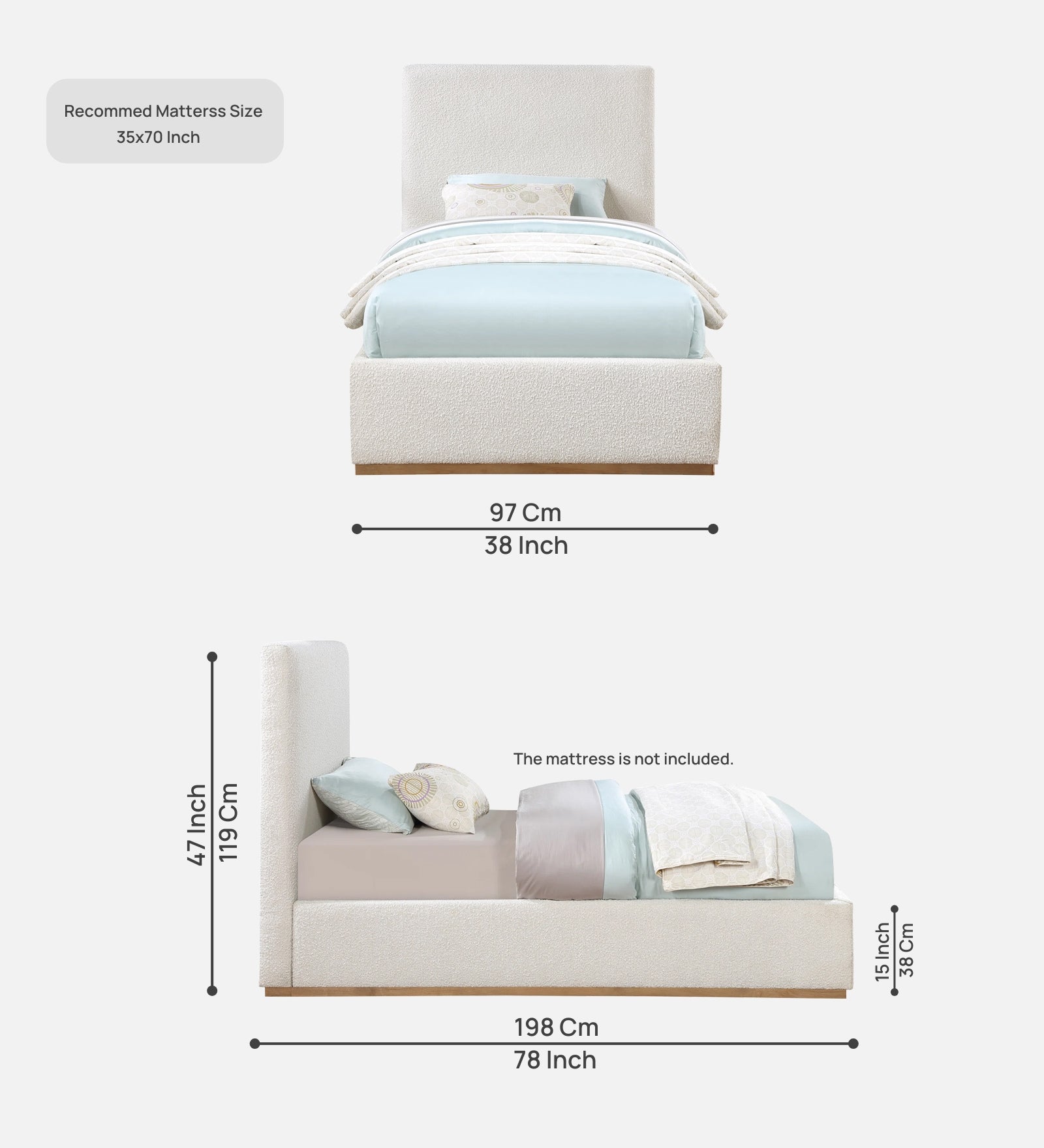 Eddy Boucle Fabric Single Bed in Shell White - Febonic Living