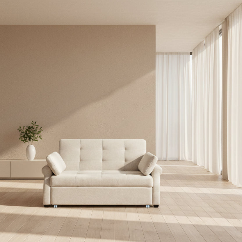 Fornia Fabric 3 Seater Pull Out Sofa Cum Bed In Ivory Cream Colour - Febonic Living