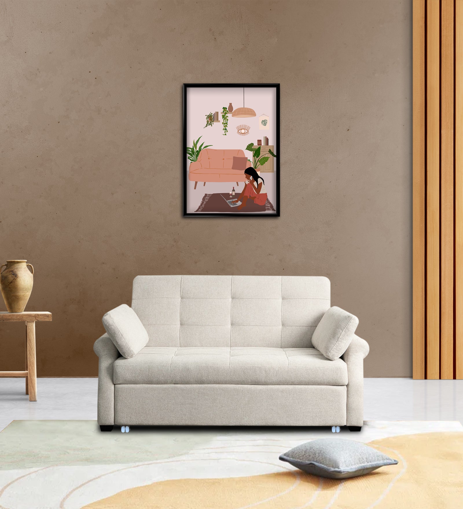 Fornia Fabric 3 Seater Pull Out Sofa Cum Bed In Ivory Cream Colour - Febonic Living