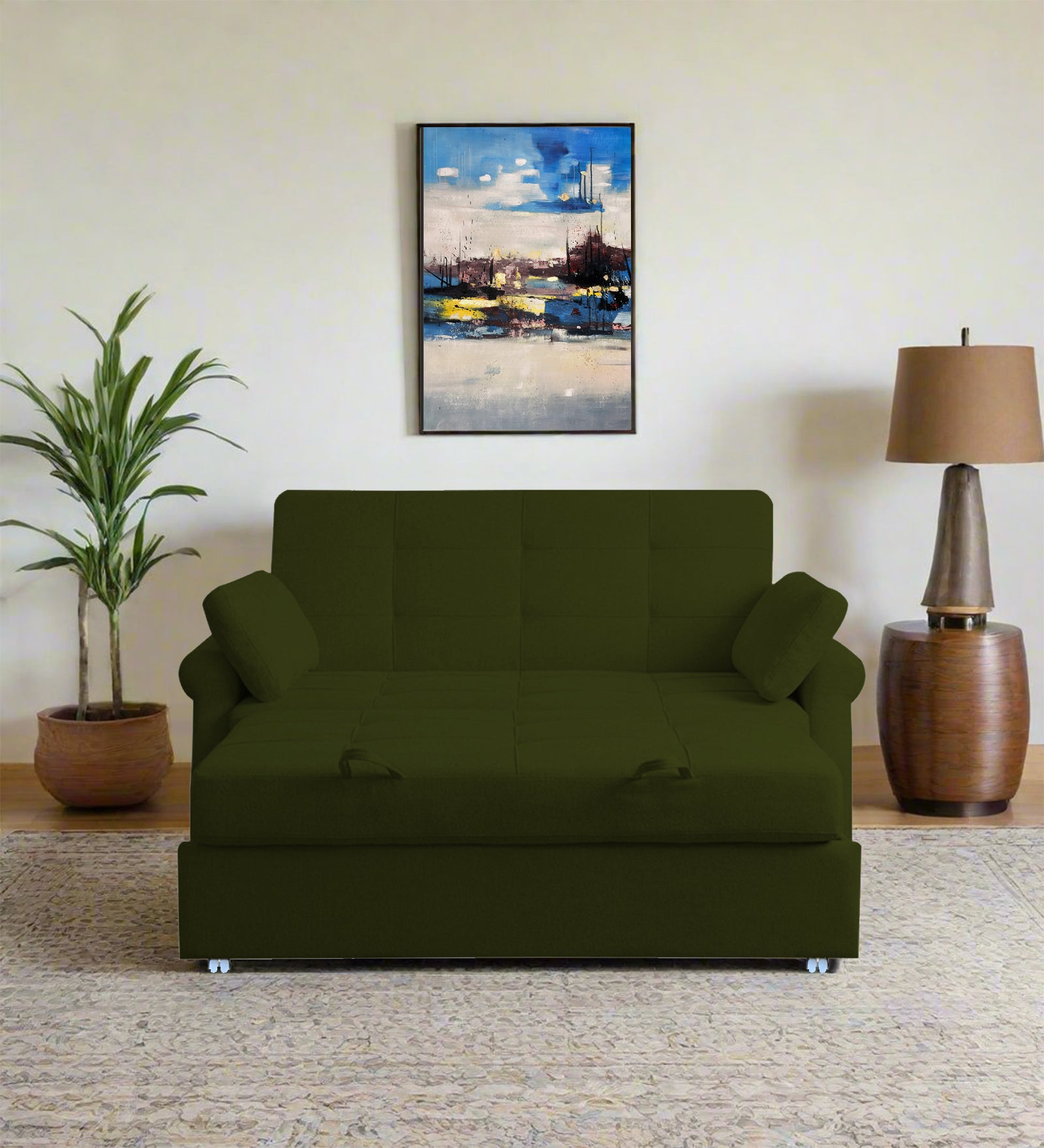 Fornia Fabric 2 Seater Pull Out Sofa Cum Bed In Olive Green Colour - Febonic Living