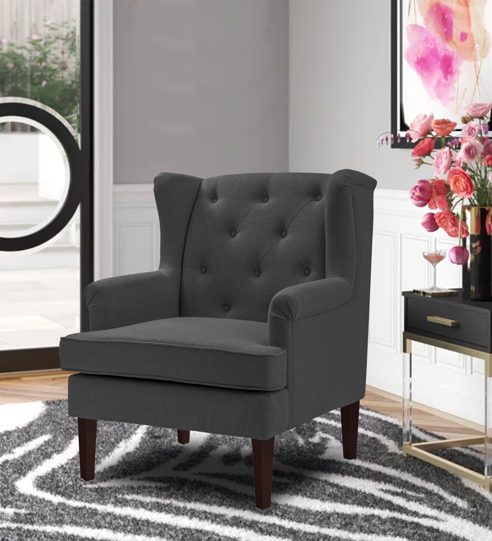 Deyuk Fabric Wing Chair In Charcoal Grey Colour - Febonic Living