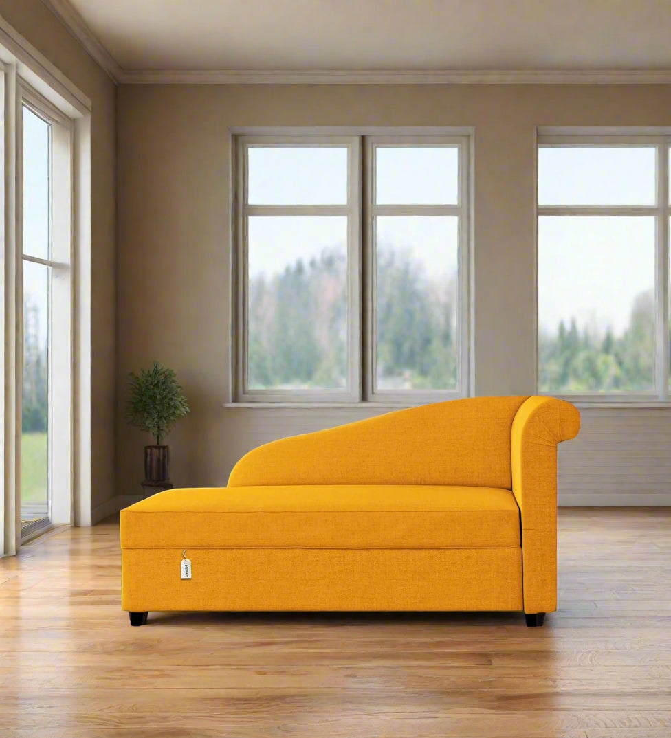 Toppy Fabric LHS Chaise Lounger In Bold Yellow Colour With Storage - Febonic Living