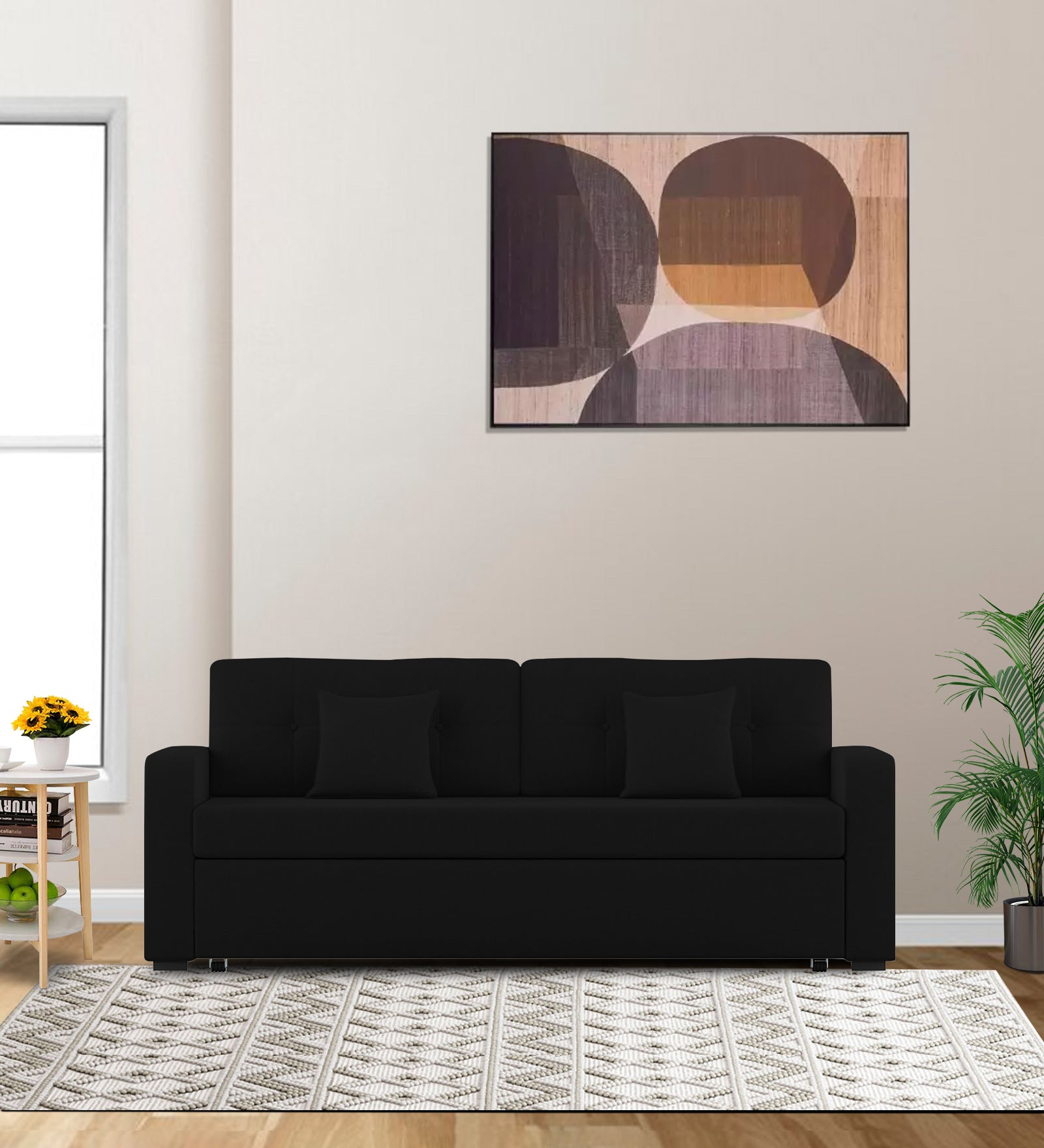 Rocky Fabric 3 Seater Pull Out Sofa Cum Bed In Zed Black Colour With Storage - Febonic Living