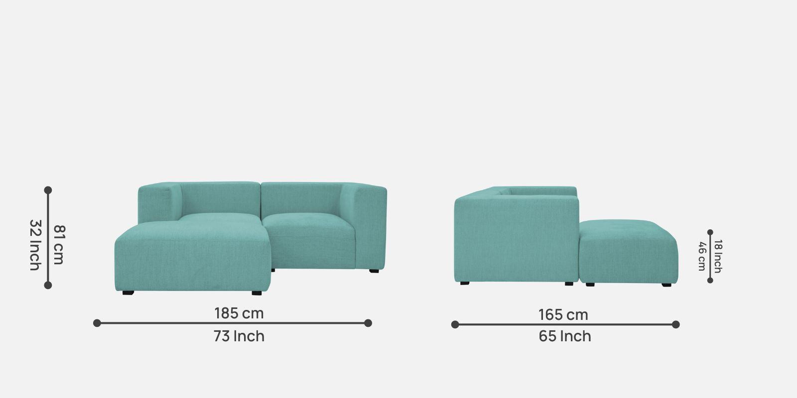 Dora Velvet RHS Sectional Sofa (2+Ottoman Lounger) In Barmunda Aqua Colour - Febonic Living