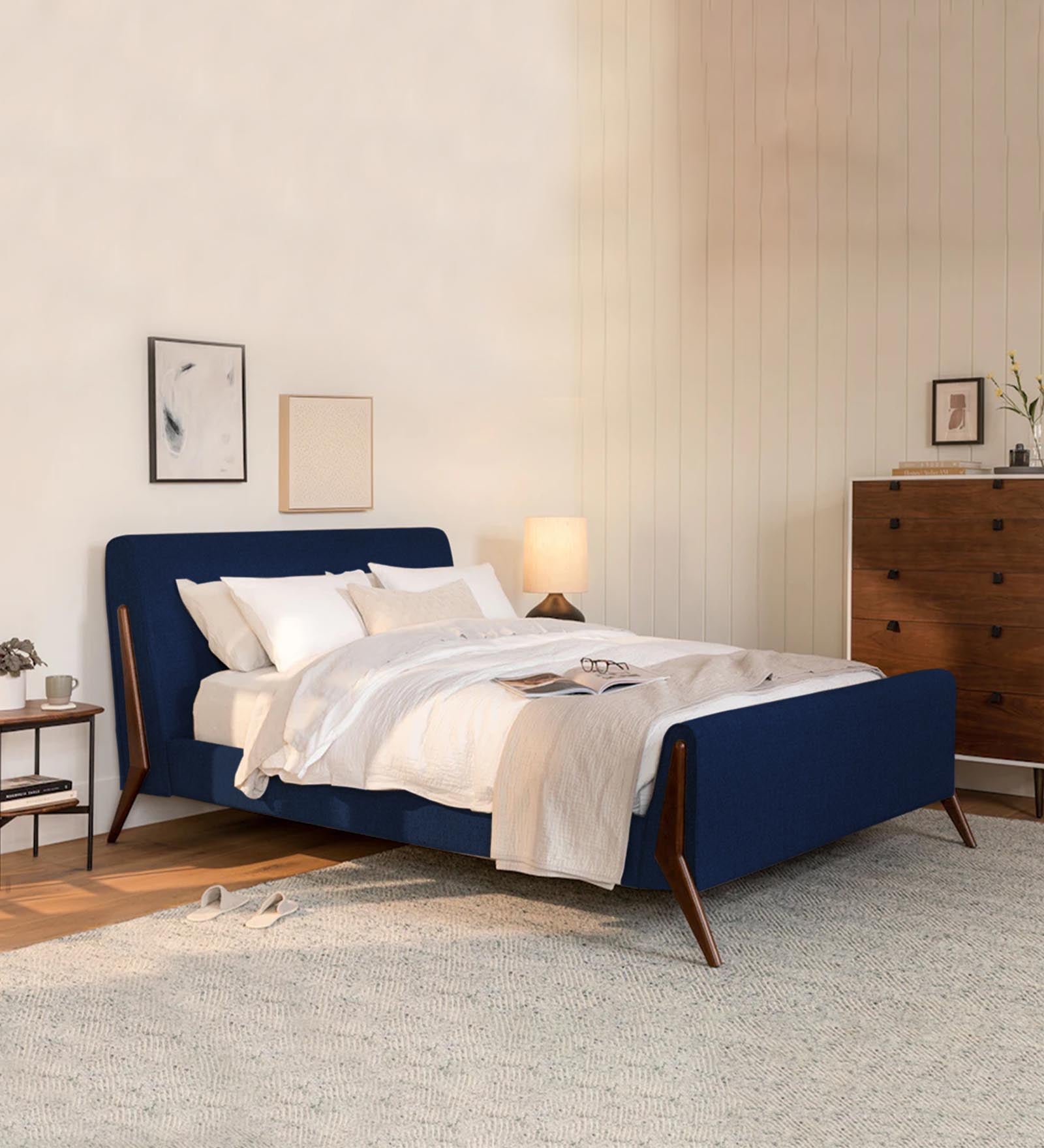 Catla Fabric Queen Size Bed In Royal Blue Colour - Febonic Living