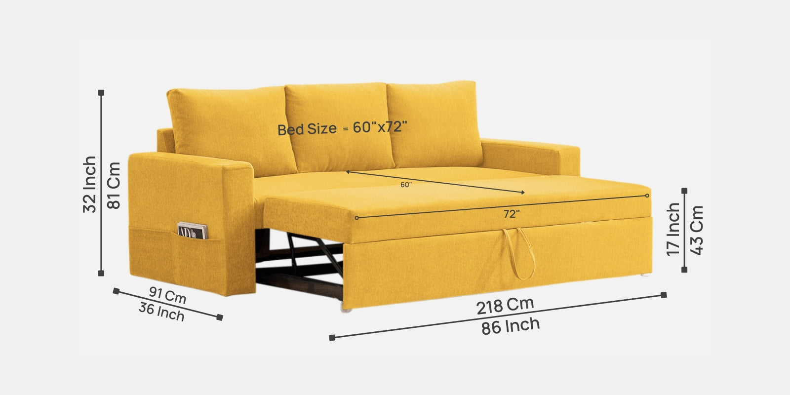 Kara Fabric 3 Seater Pull Out Sofa Cum Bed In Bold Yellow Colour - Febonic Living
