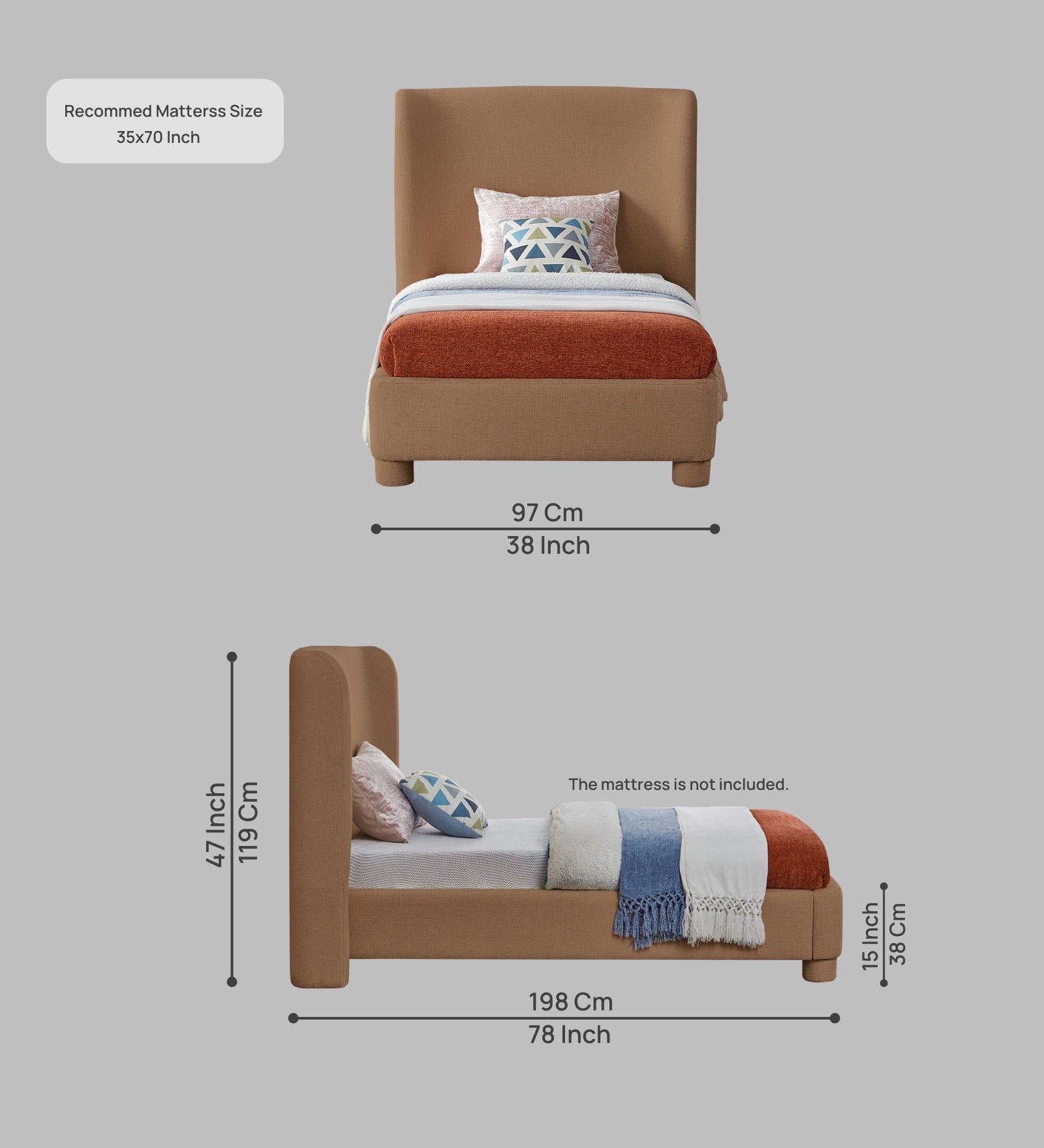 Lenny Fabric Upholstered Single Bed in Cosmic Beige Colour - Febonic Living