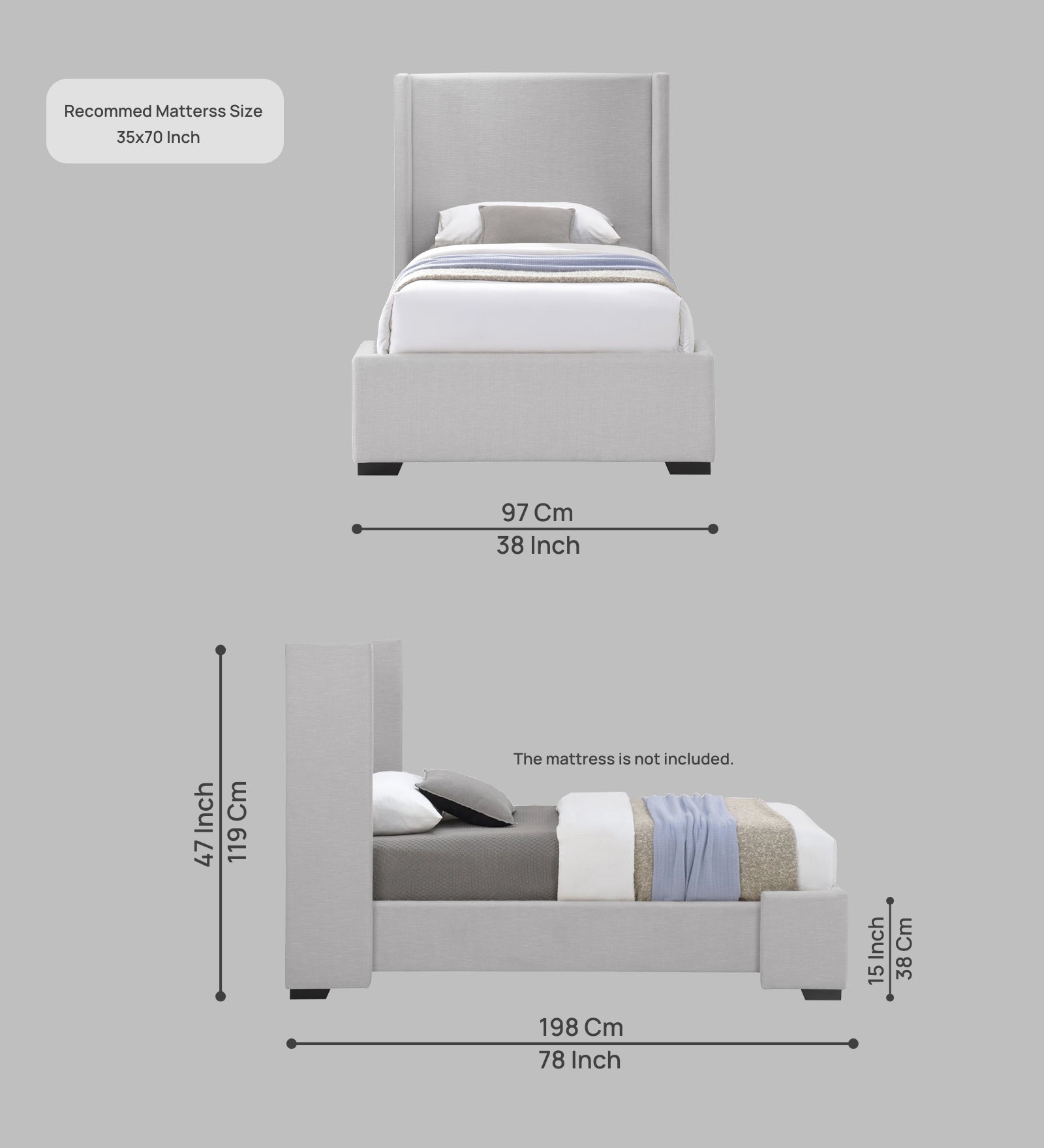 Kirby Fabric Upholstered Single Bed in Lit Grey Colour - Febonic Living