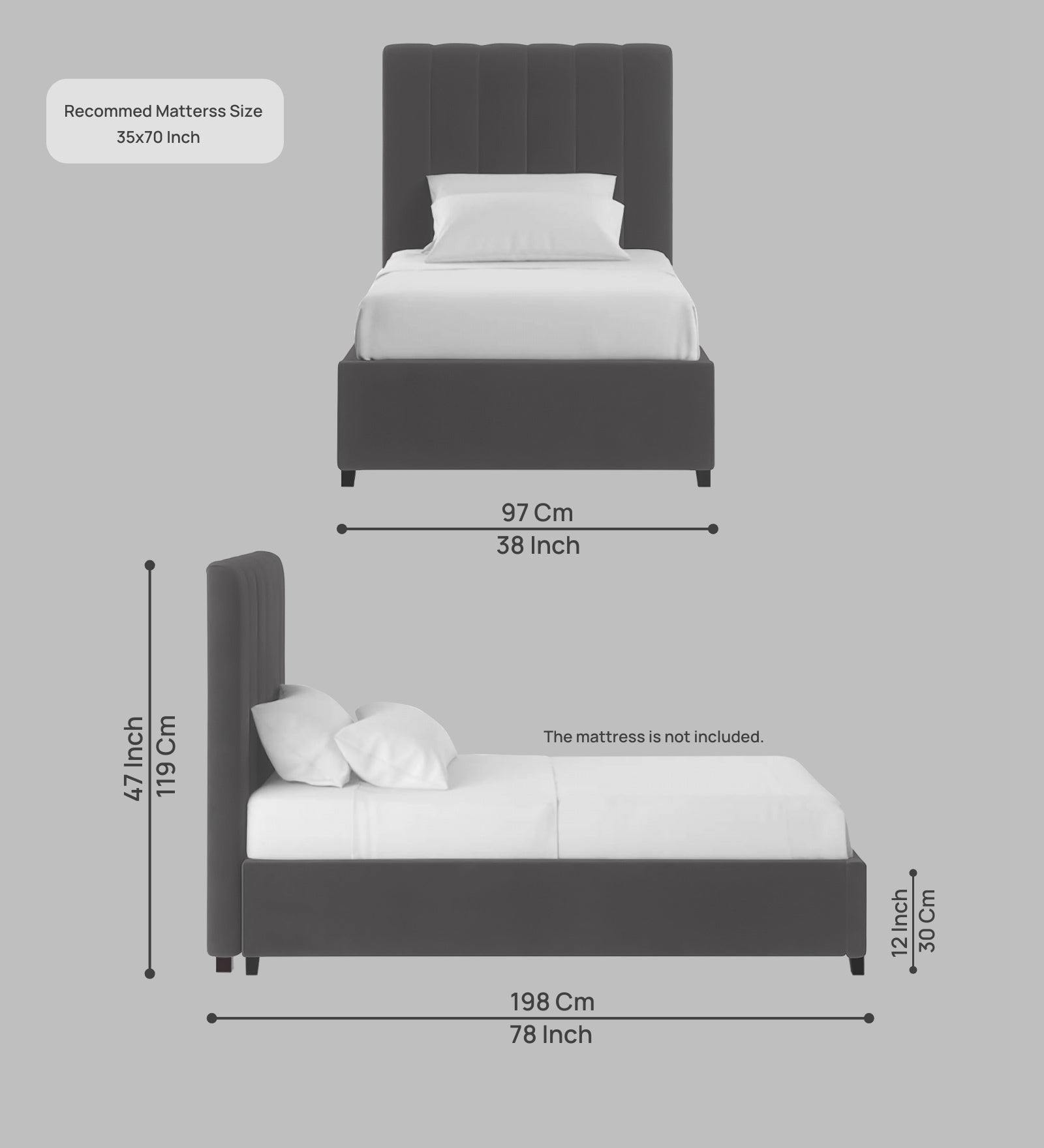 Lara Velvet Upholstered Single Bed in Davy Grey Colour - Febonic Living