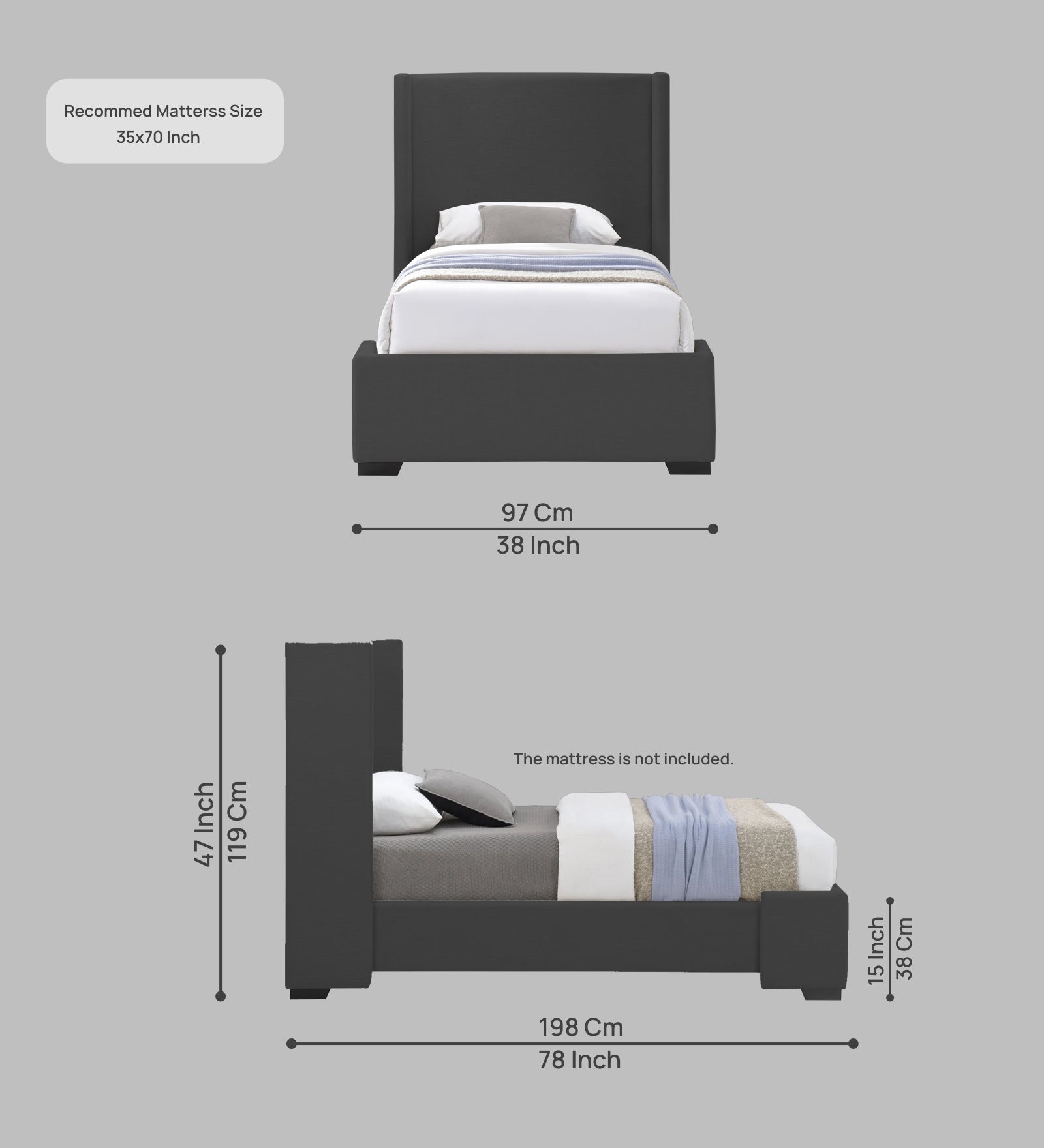 Kirby Fabric Upholstered Single Bed in Charcoal Grey Colour - Febonic Living