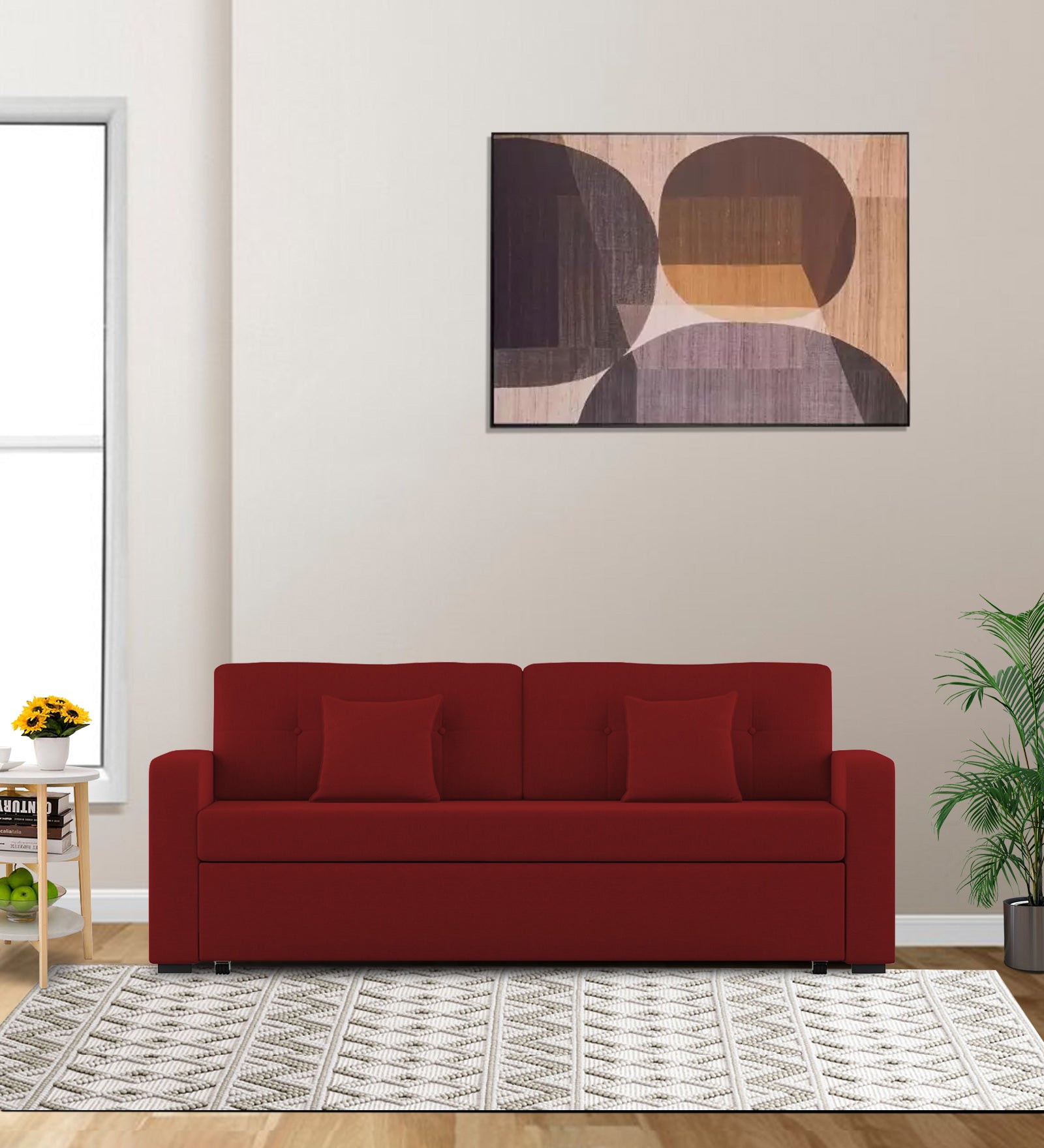 Rocky Fabric 3 Seater Pull Out Sofa Cum Bed In Blood Maroon Colour With Storage - Febonic Living