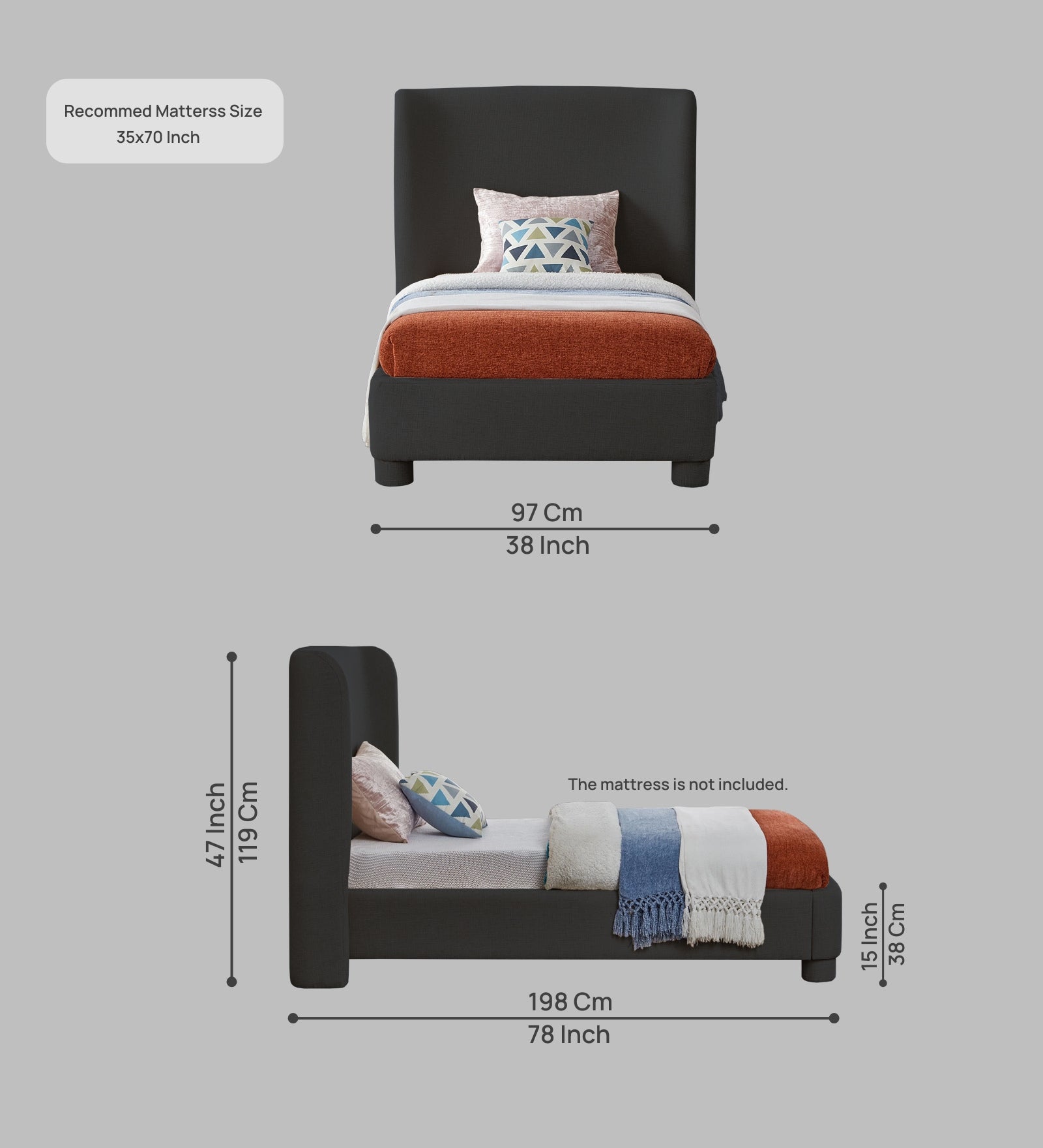 Lenny Fabric Upholstered Single Bed in Charcoal Grey Colour - Febonic Living