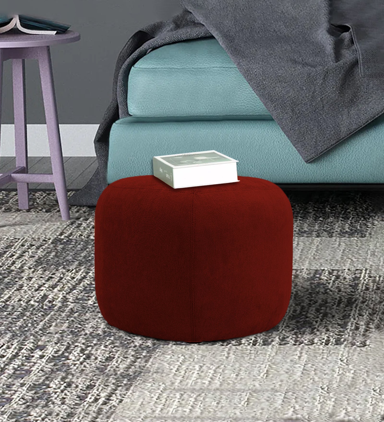 Keori Fabric Pouffe In Blood Maroon Colour - Febonic Living