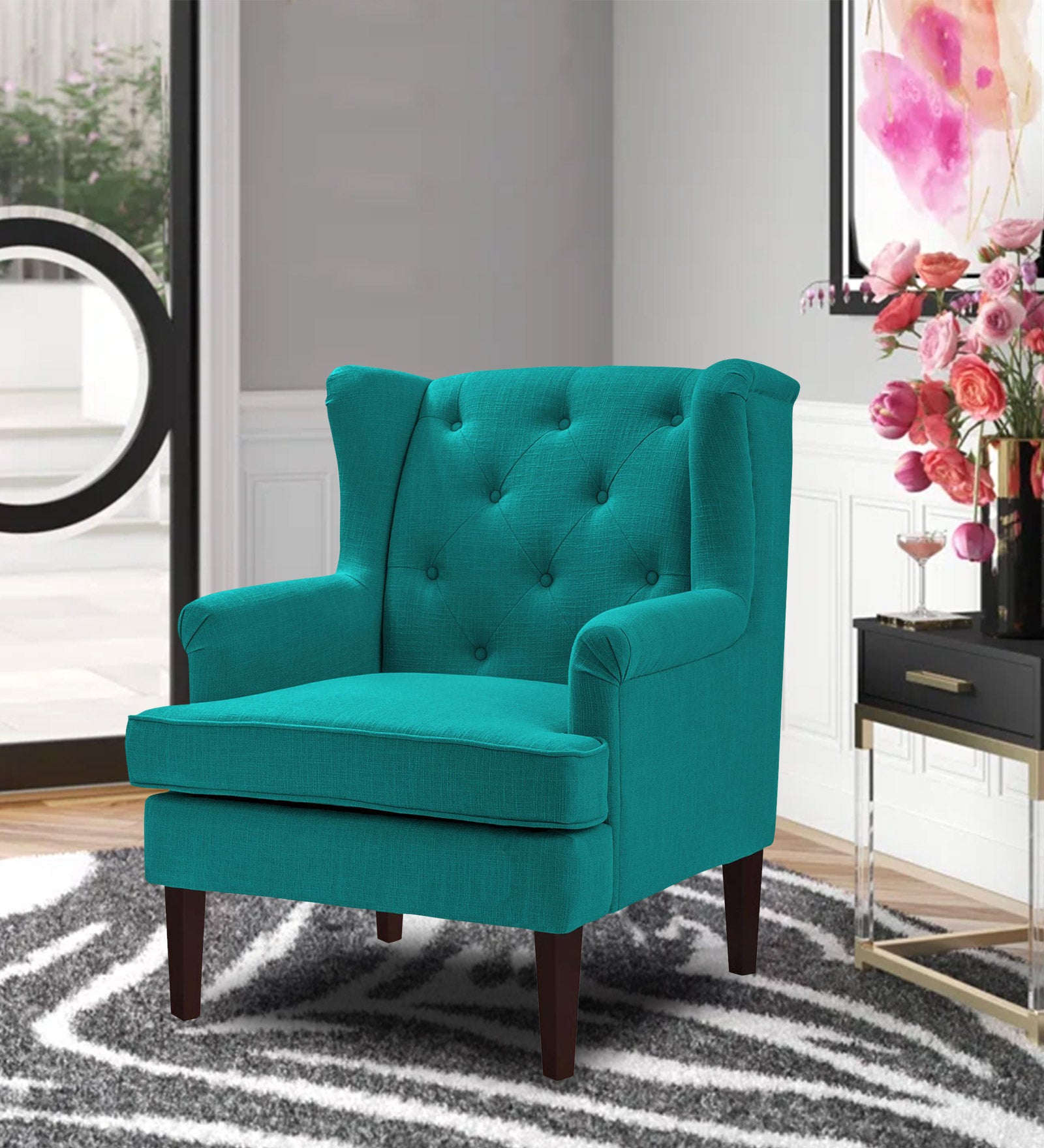 Deyuk Fabric Wing Chair In Sea Green Colour - Febonic Living