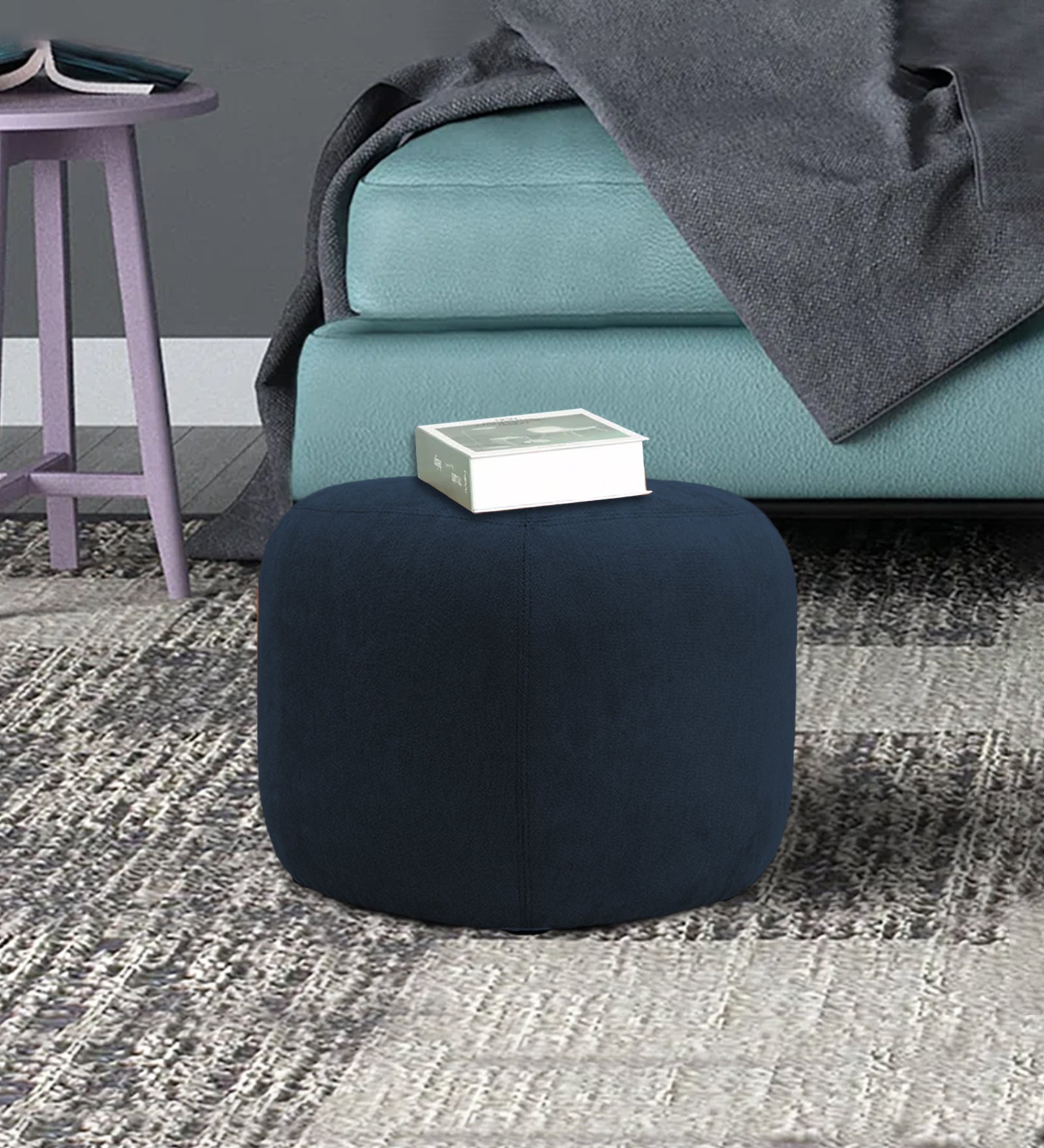 Keori Fabric Pouffe In Denim Blue Colour - Febonic Living