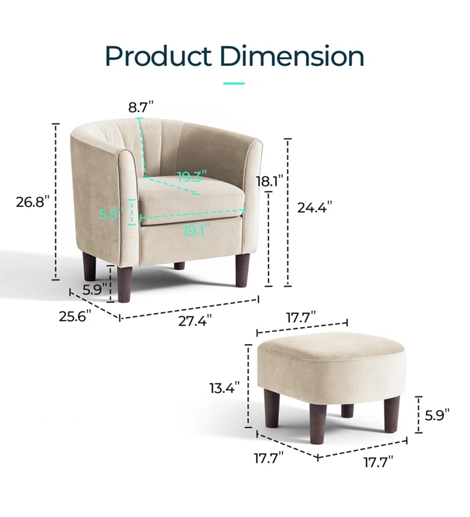 Ben Velvet Barrel Chair With Ottoman In Camel Beige Colour - Febonic Living