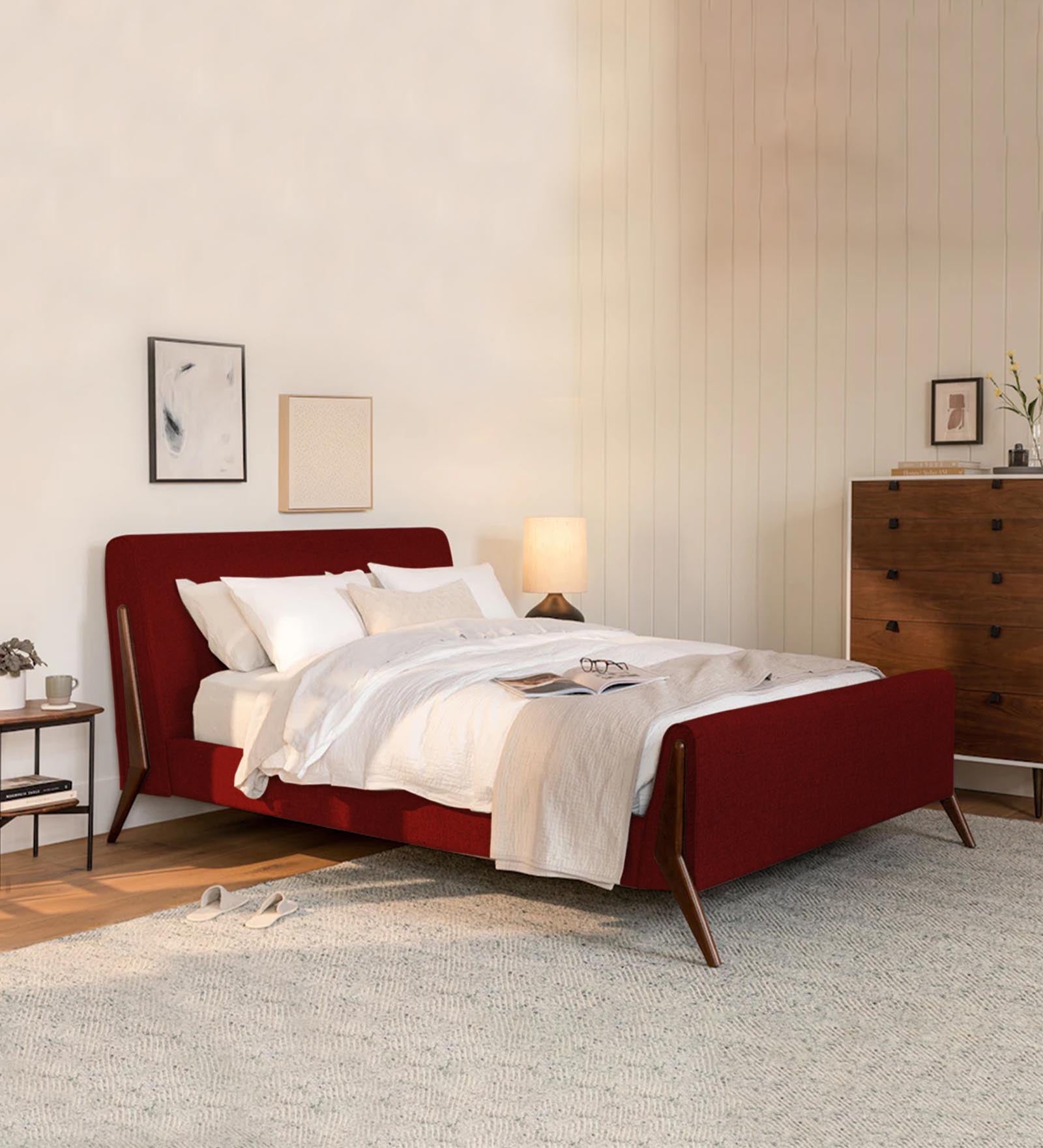 Catla Fabric Queen Size Bed In Blood Maroon Colour - Febonic Living
