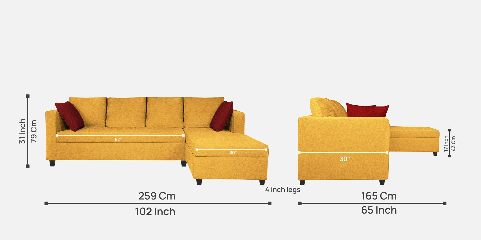 Nebula Fabric LHS Sectional Sofa (3+Lounger) In Bold Yellow Colour - Febonic Living