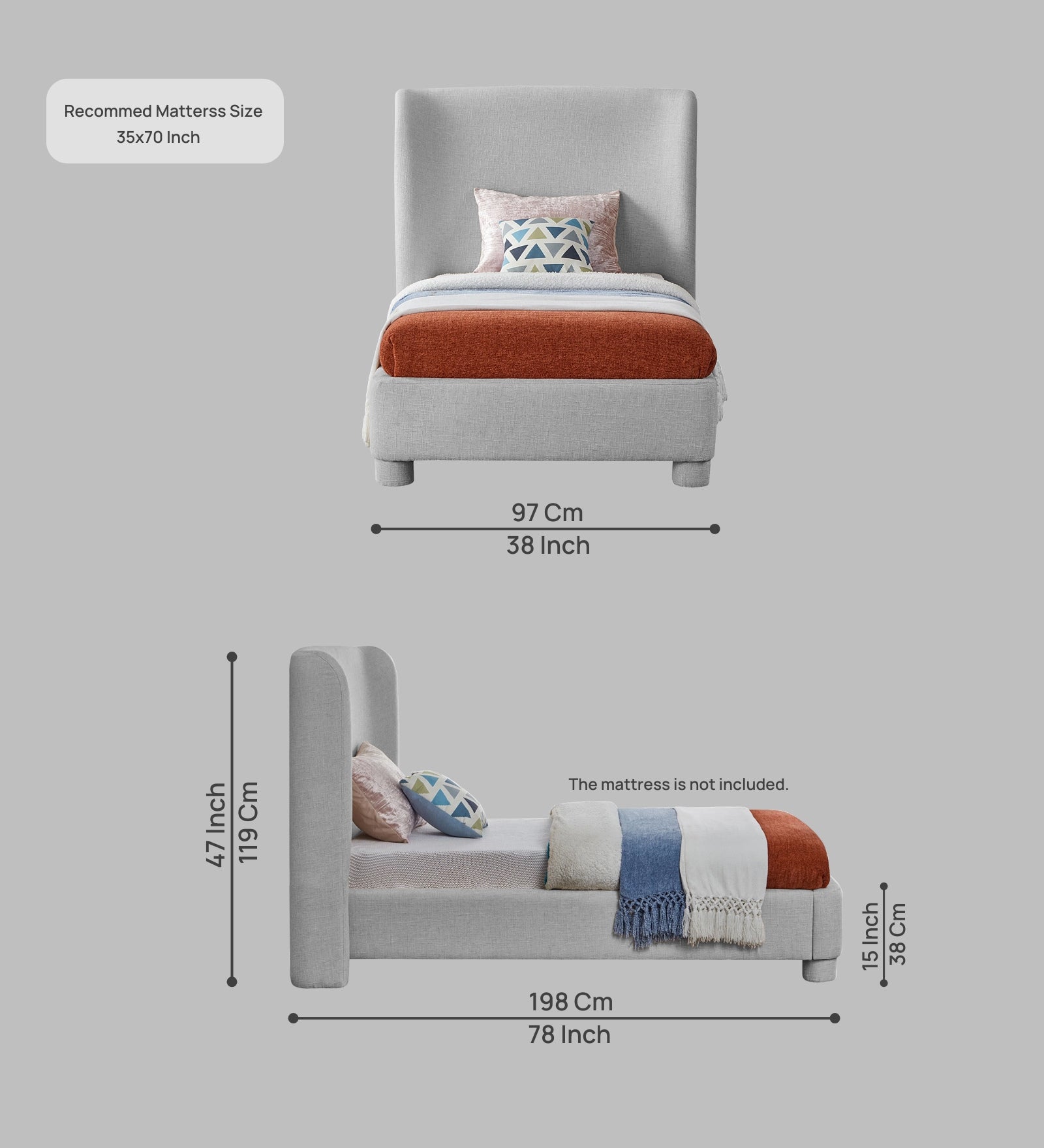 Lenny Fabric Upholstered Single Bed in Lit Grey Colour - Febonic Living
